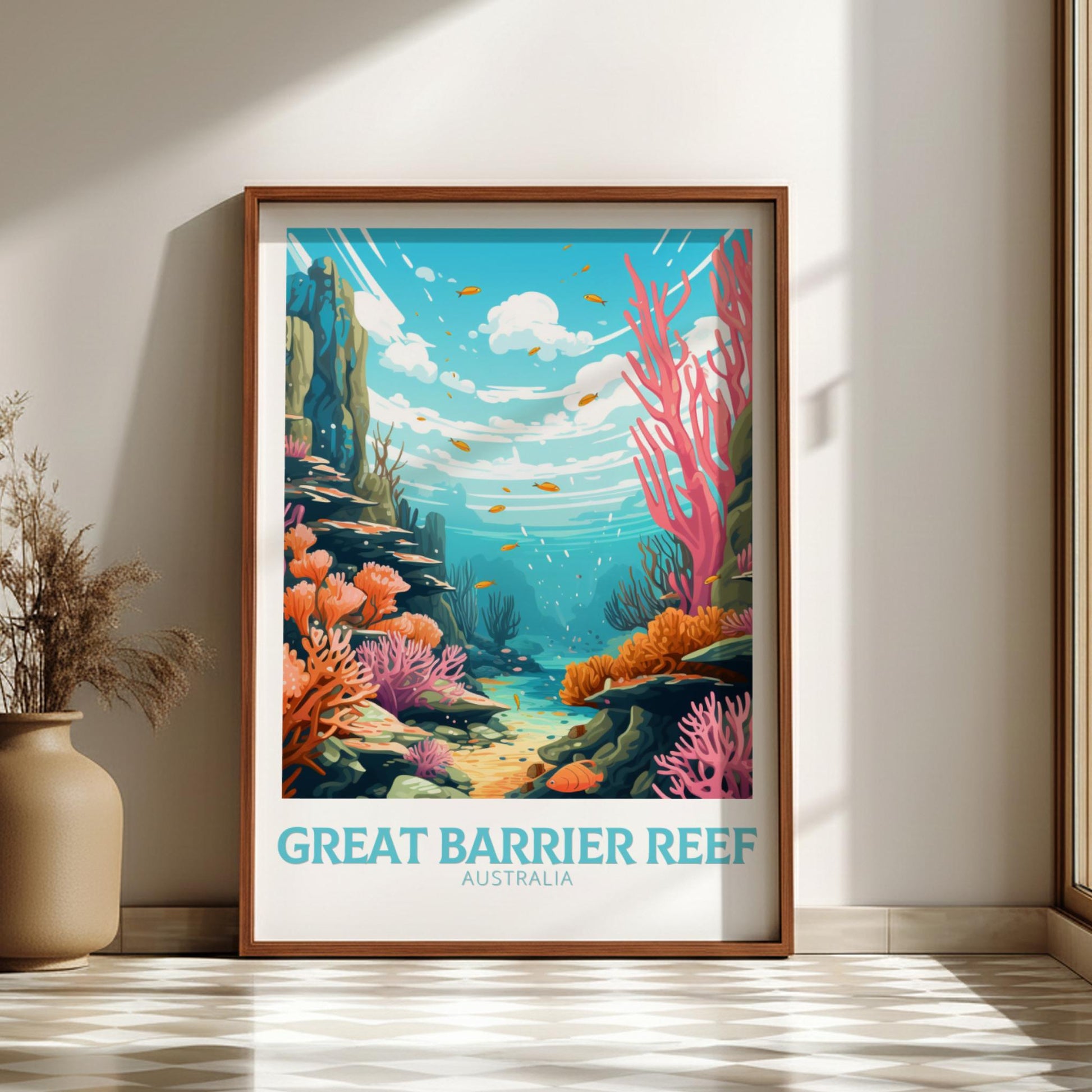Framed poster of the Great Barrier Reef on a wall.