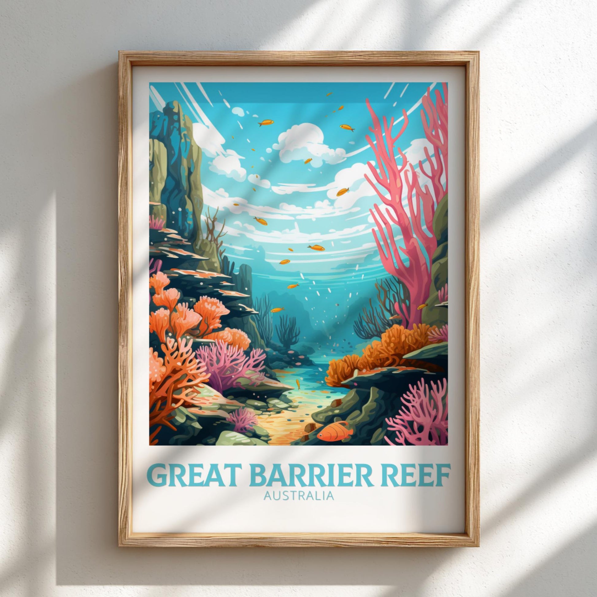 Framed artwork of the Great Barrier Reef with colorful coral and fish on a light background