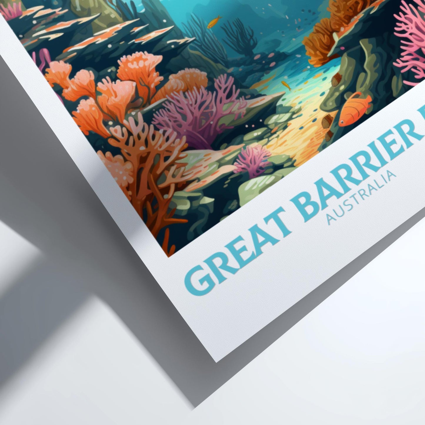 Poster of the Great Barrier Reef with colorful coral and fish on a white background