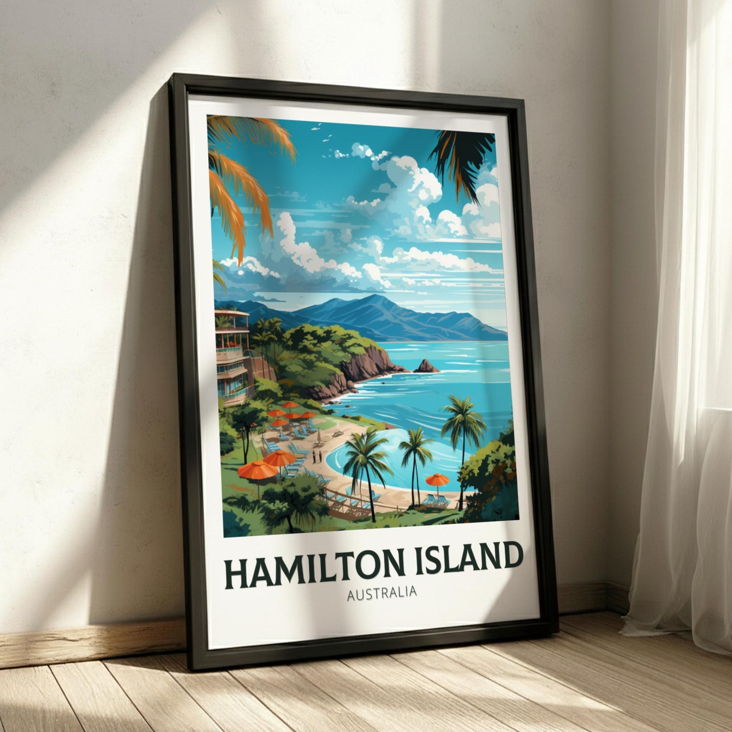 Framed poster of Hamilton Island, Australia with a scenic view of the island.