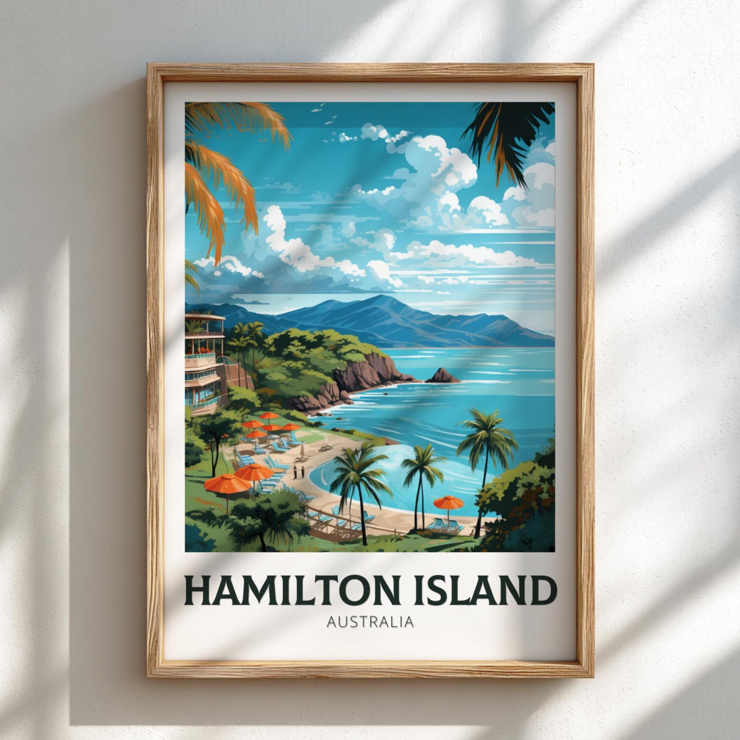 Framed artwork of Hamilton Island, Australia with a scenic view of the island.