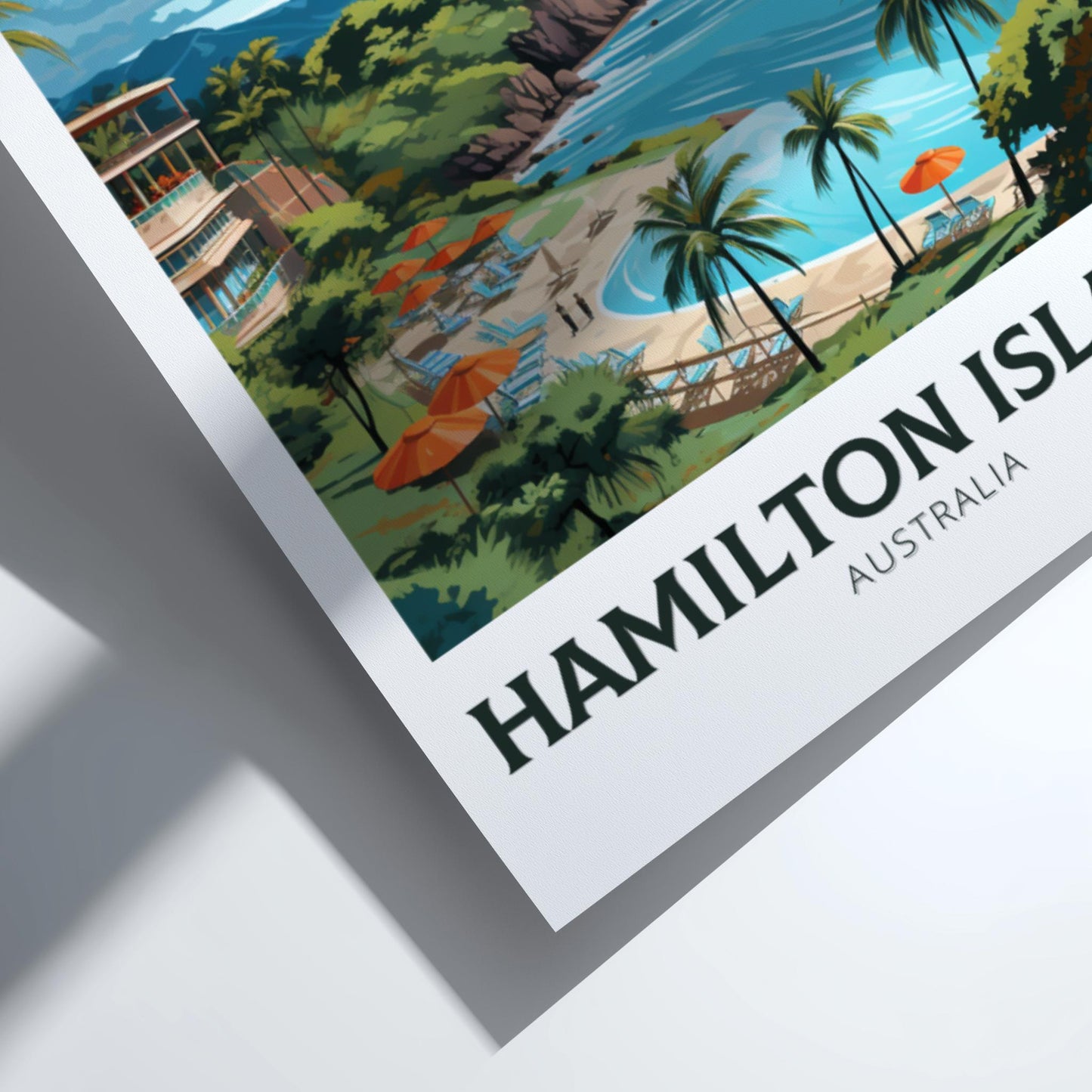 Poster of Hamilton Island, Australia with a scenic beach and palm trees.