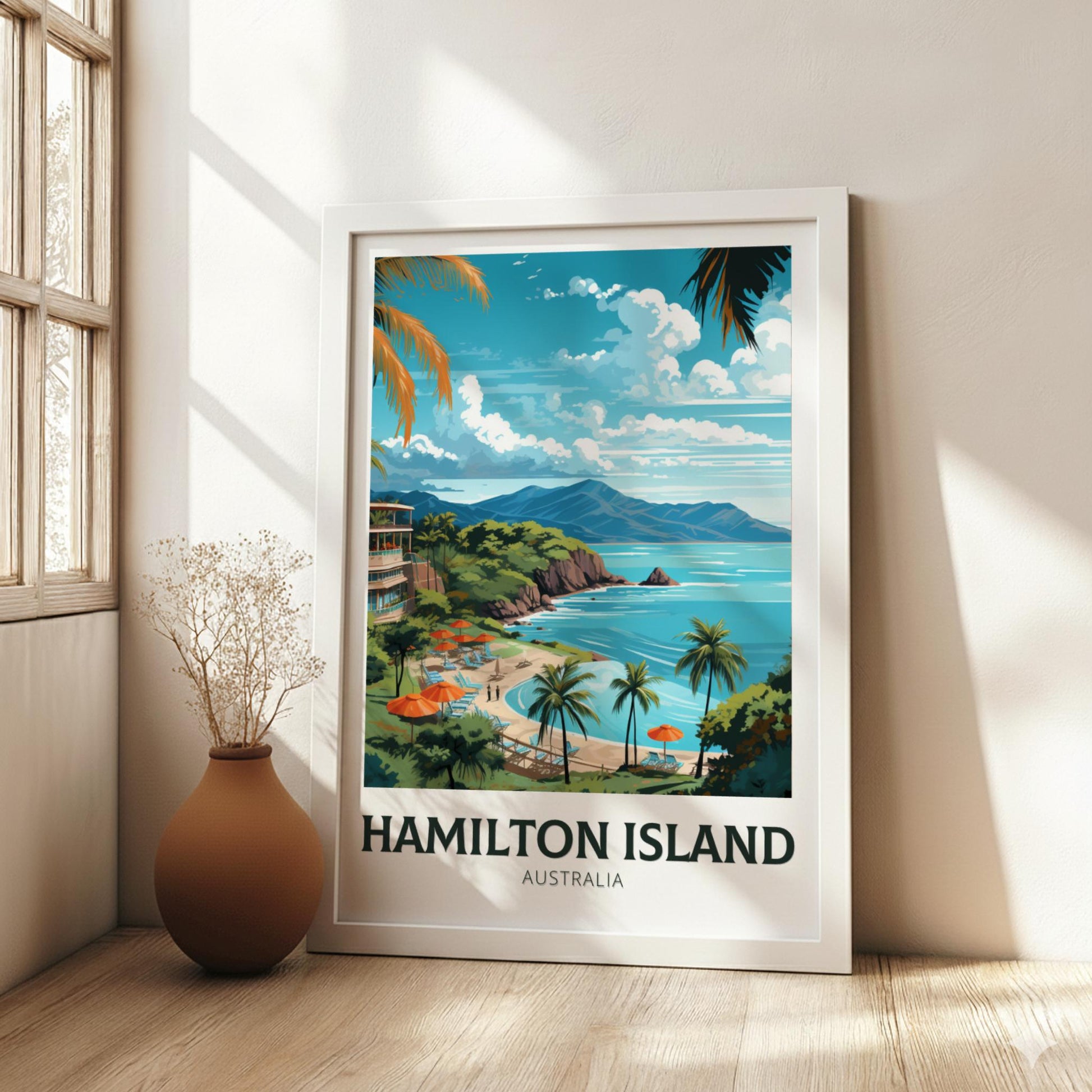Framed poster of Hamilton Island, Australia with a scenic view of the island.