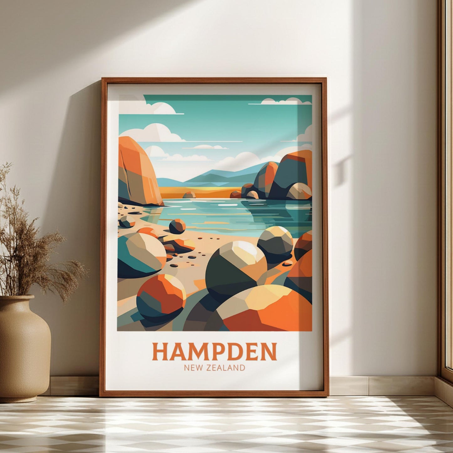 Framed artwork of Hampden, New Zealand with colorful landscape design on a wall.