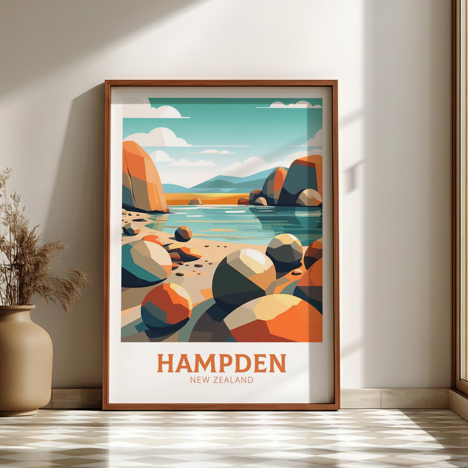 Framed artwork of Hampden, New Zealand with colorful landscape design on a wall.