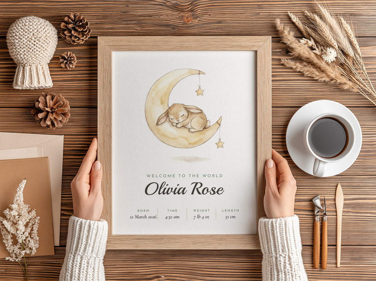 A framed baby birth announcement print held by two hands over a rustic wooden table. The print features a watercolor illustration of a sleeping bunny on a crescent moon with the text 'WELCOME TO THE WORLD Olivia Rose' and birth details.