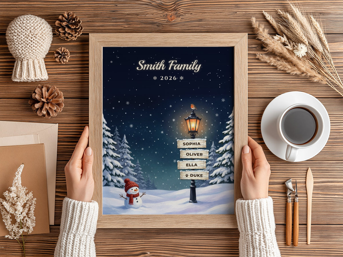 Personalised Christmas Lamppost Family Name Signpost Print