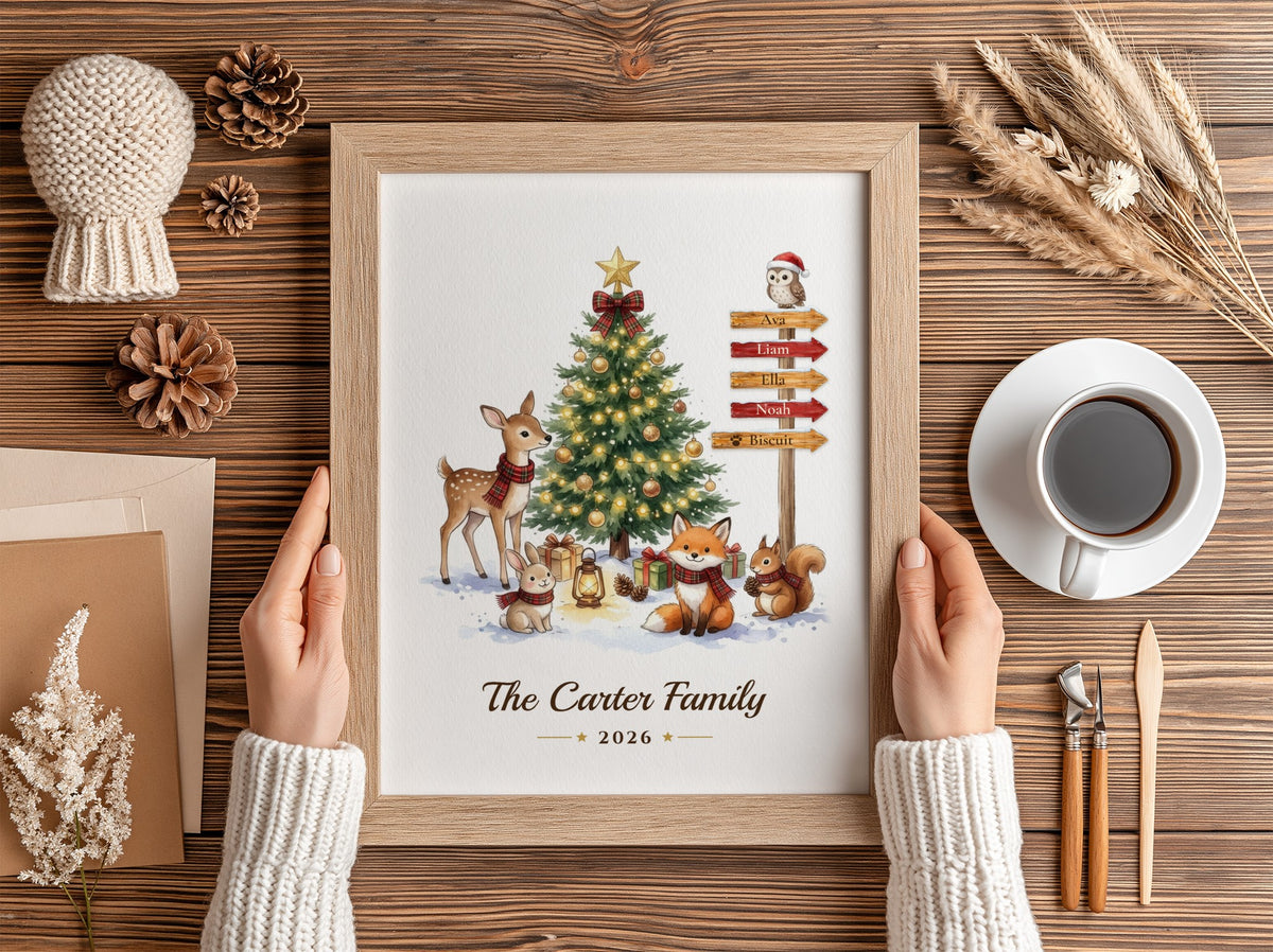 A framed personalized Christmas art print held by two hands over a rustic wooden table. The print features a festive illustration of a decorated Christmas tree, a deer, a fox, a squirrel, and an owl on a signpost, with the text 'The Carter Family 2026' at the bottom.