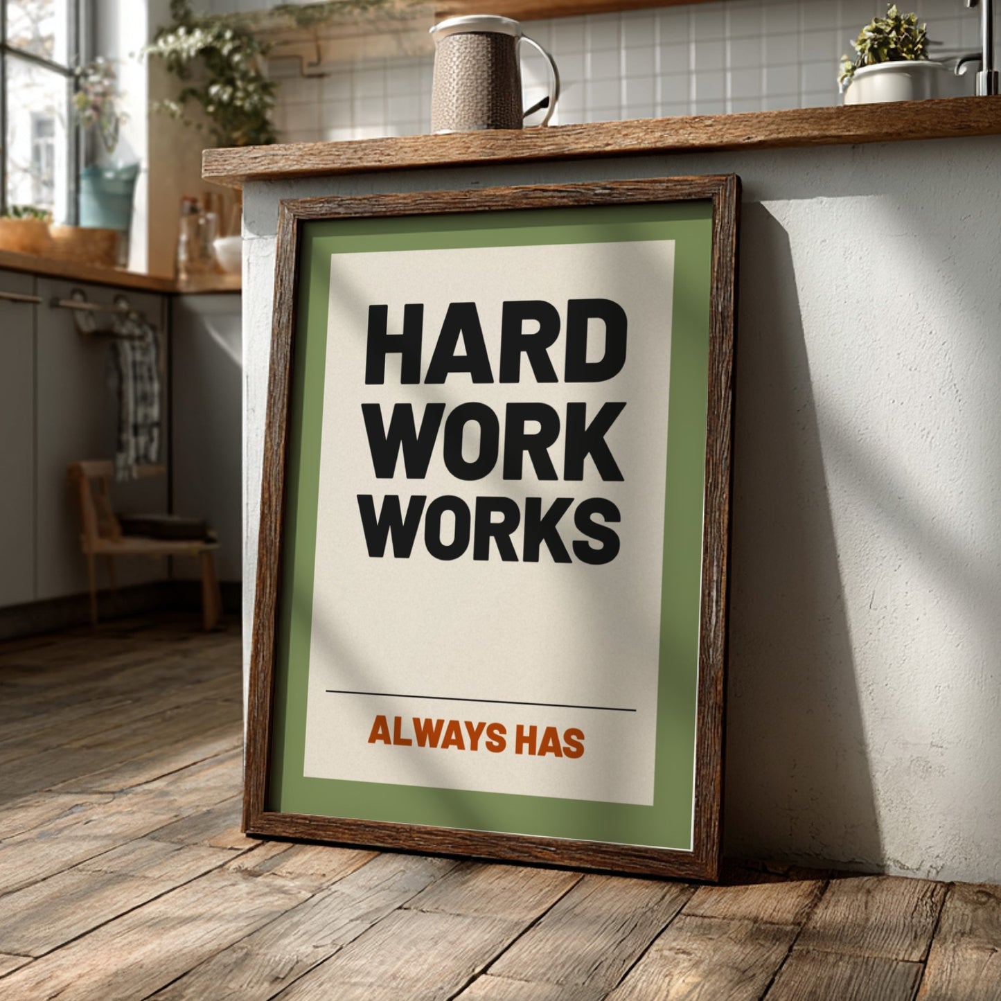 Motivational quotes poster with bold typography on a green background, inspiring wall art for home or office.