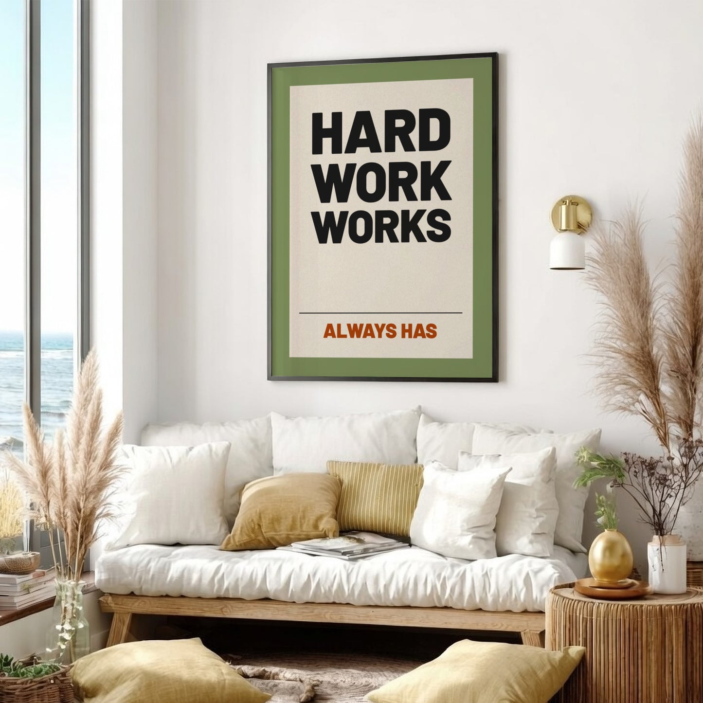 Motivational quotes poster with bold typography on a green background, inspiring wall art for home or office.