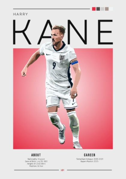 Harry Kane poster featuring England national team colors and dynamic design