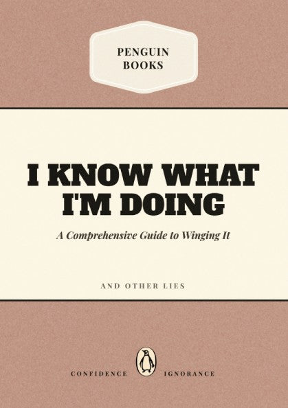 Funny quote poster featuring penguins book illustration with playful typography and warm colors