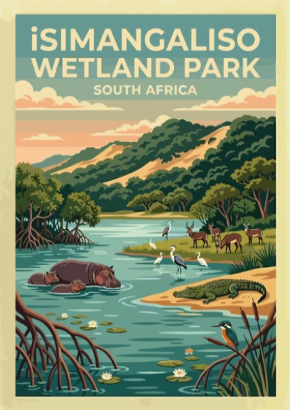 iSimangaliso Wetland Park poster featuring vibrant wildlife and lush landscapes in a colorful, serene style
