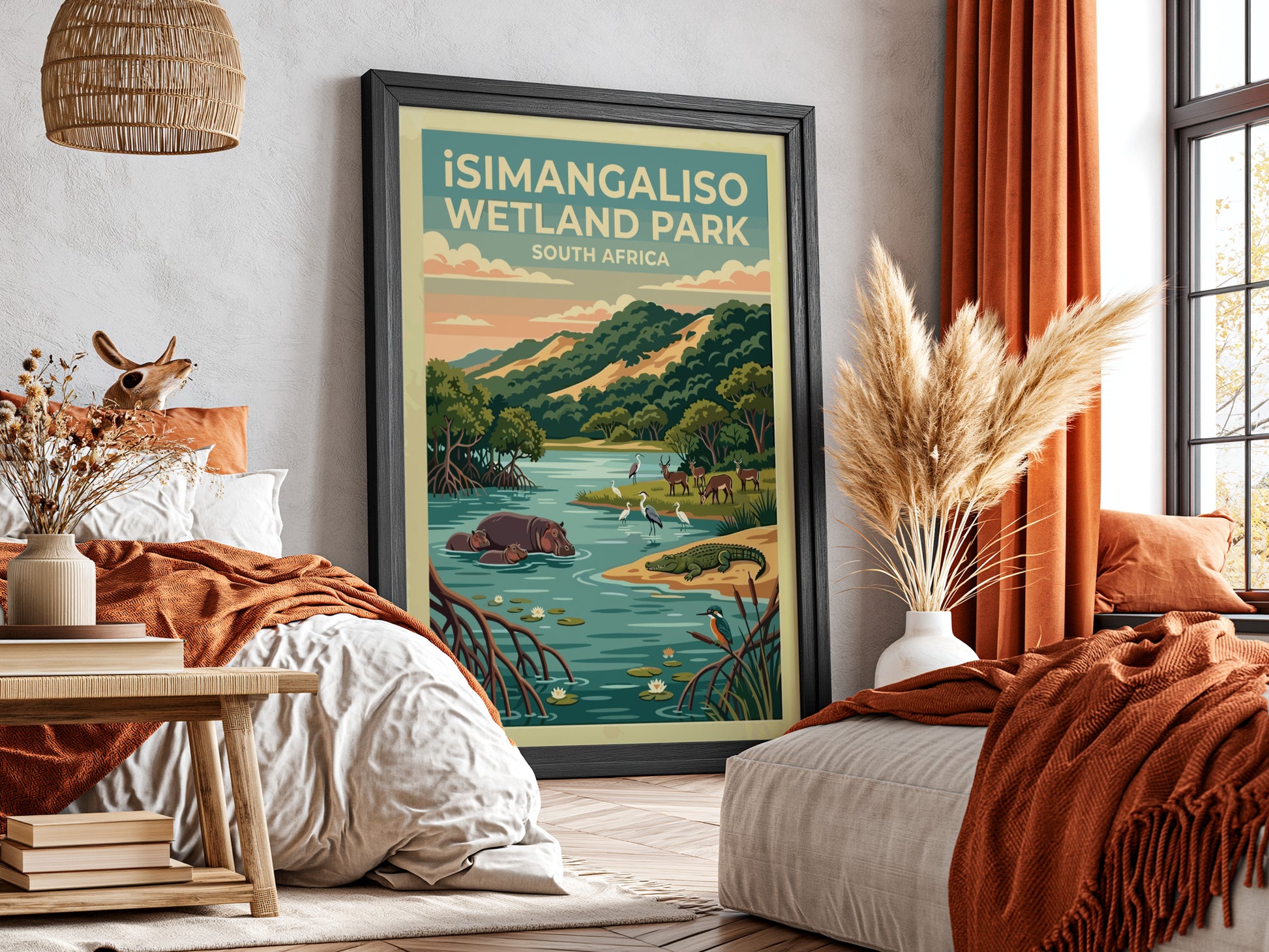 iSimangaliso Wetland Park poster featuring vibrant wildlife and lush landscapes in a colorful, serene style