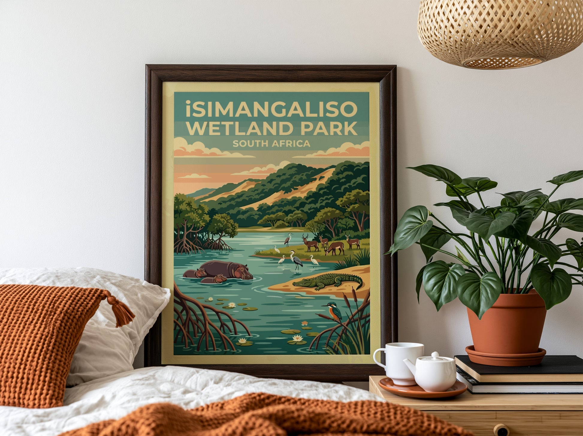 iSimangaliso Wetland Park poster featuring vibrant wildlife and lush landscapes in a colorful, serene style