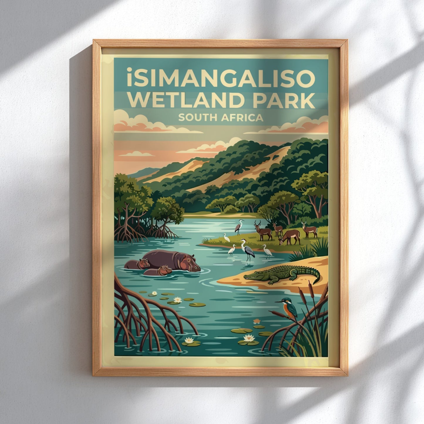 iSimangaliso Wetland Park poster featuring vibrant wildlife and lush landscapes in a colorful, serene style