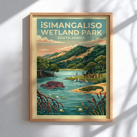 iSimangaliso Wetland Park poster featuring vibrant wildlife and lush landscapes in a colorful, serene style