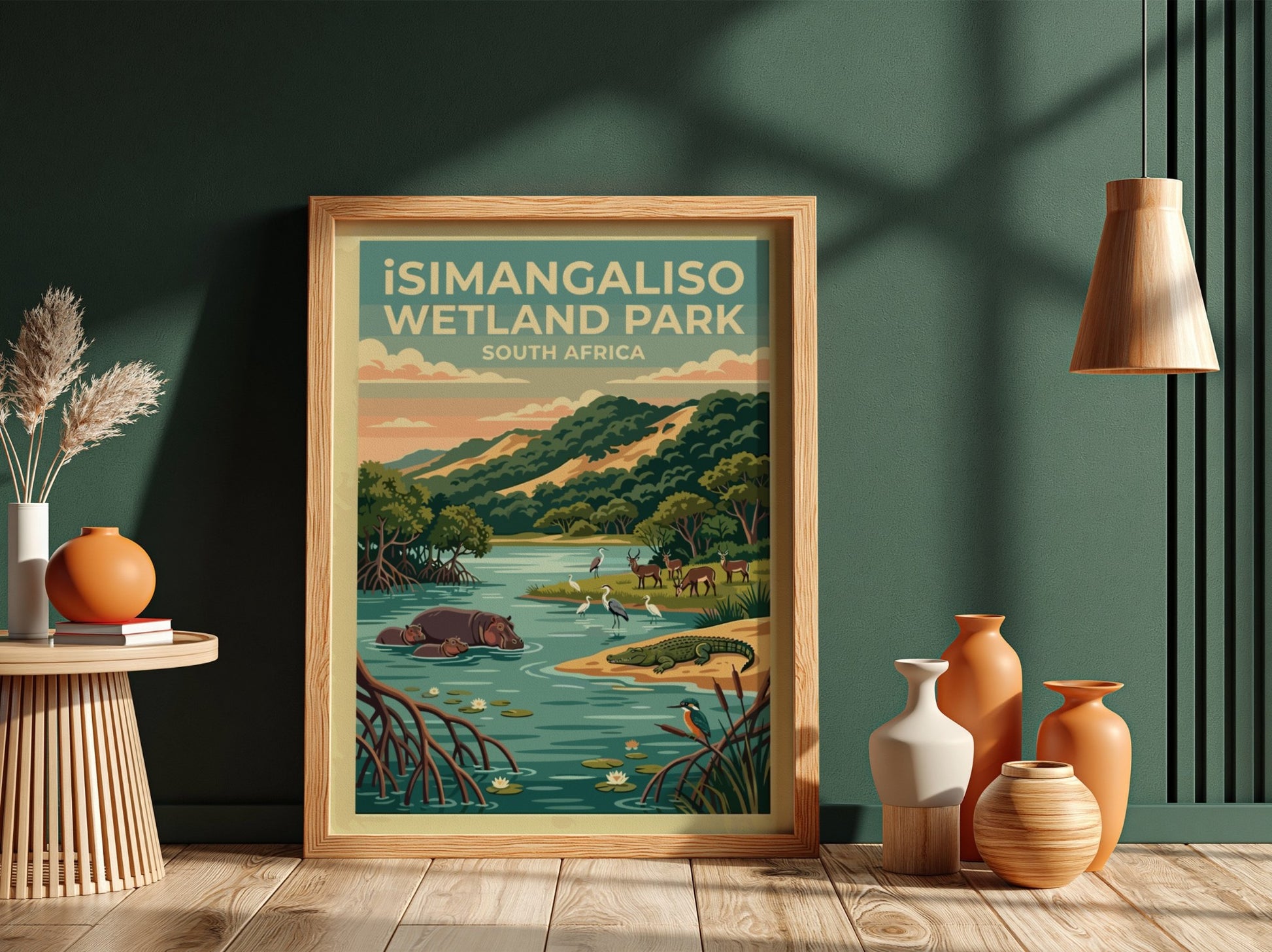 iSimangaliso Wetland Park poster featuring vibrant wildlife and lush landscapes in a colorful, serene style