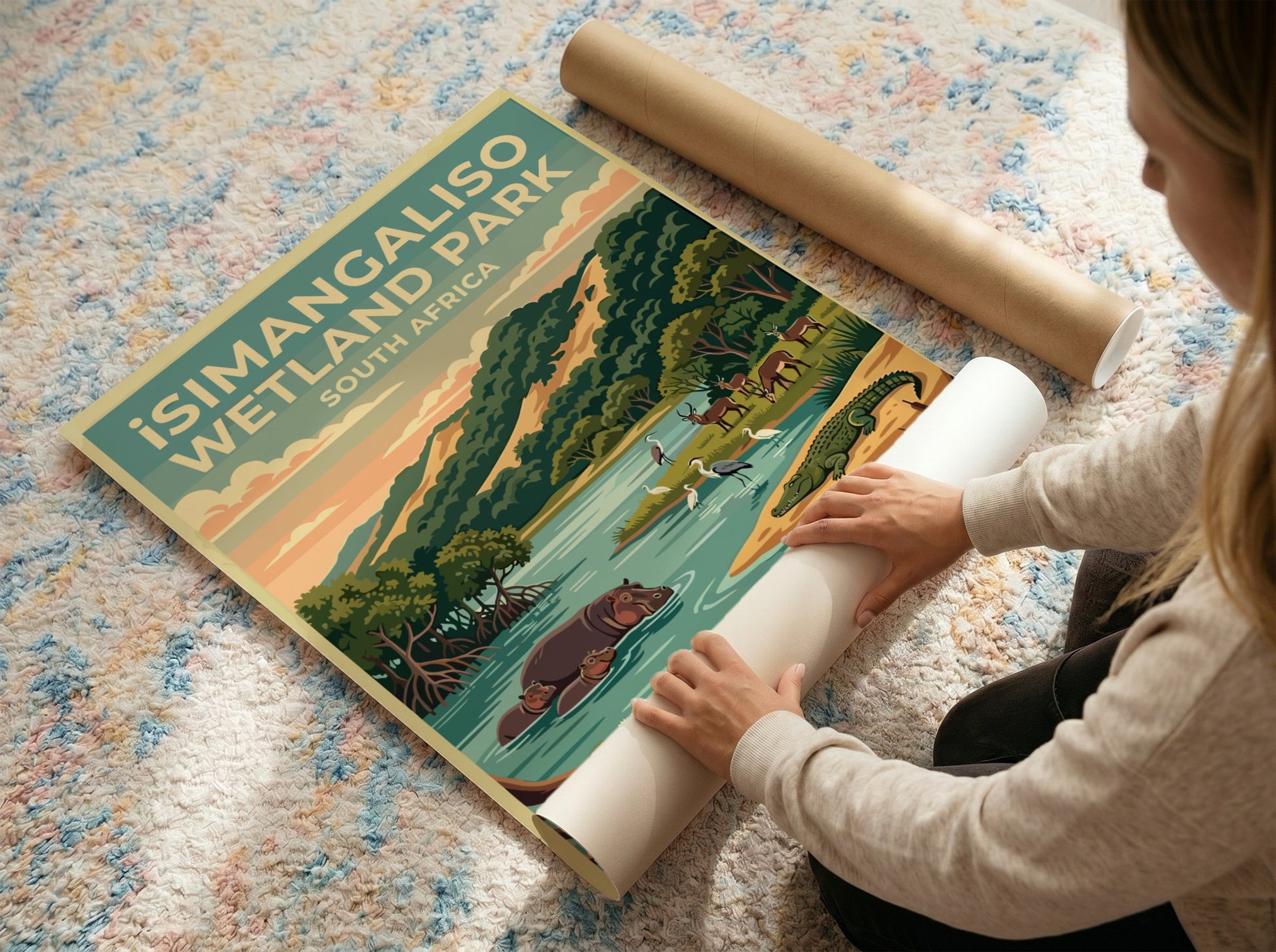 iSimangaliso Wetland Park poster featuring vibrant wildlife and lush landscapes in a colorful, serene style