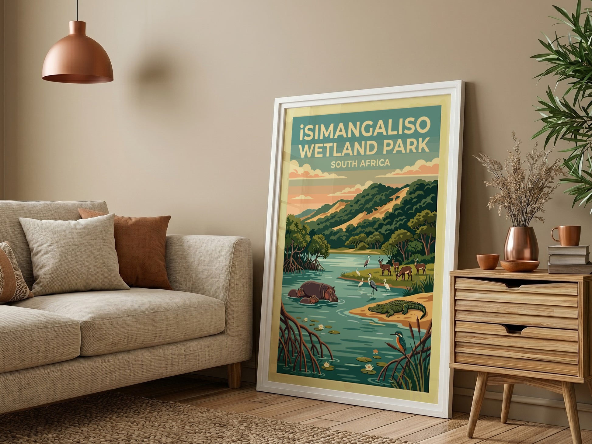 iSimangaliso Wetland Park poster featuring vibrant wildlife and lush landscapes in a colorful, serene style