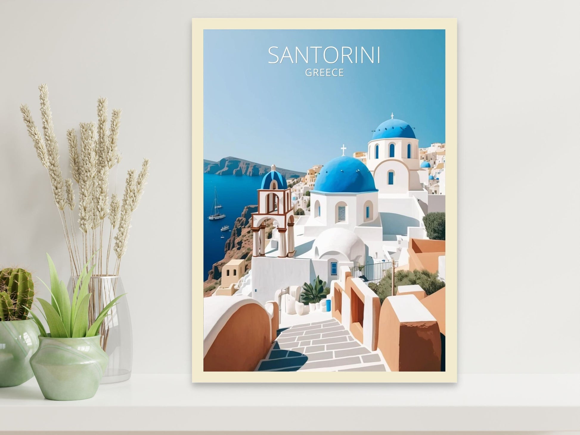 Santorini Travel Print | Santorini Illustration | Santorini Wall Art | Greece Print | Greece Home Decor | Santorini Poster | ID 008