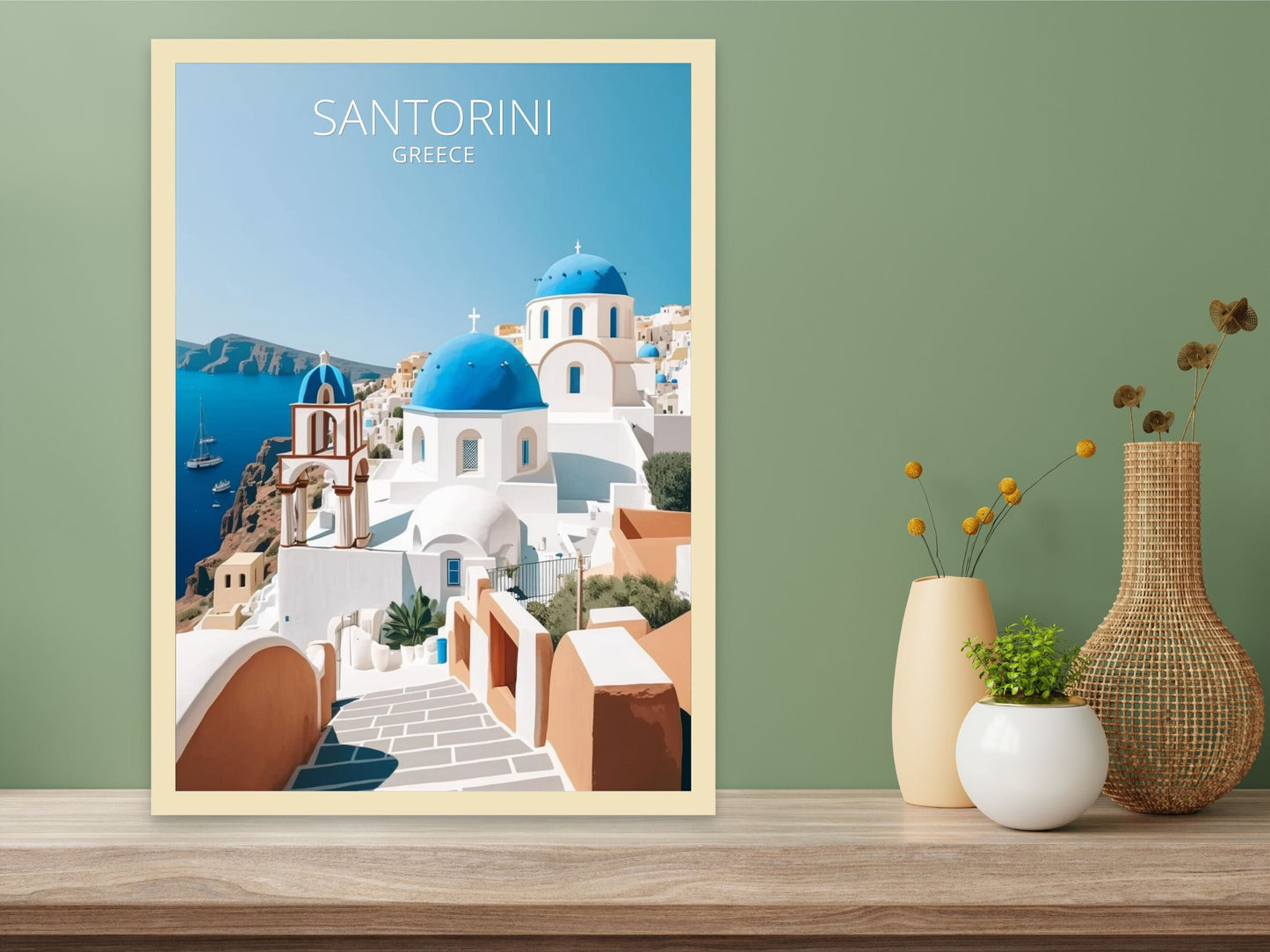 Santorini Travel Print | Santorini Illustration | Santorini Wall Art | Greece Print | Greece Home Decor | Santorini Poster | ID 008