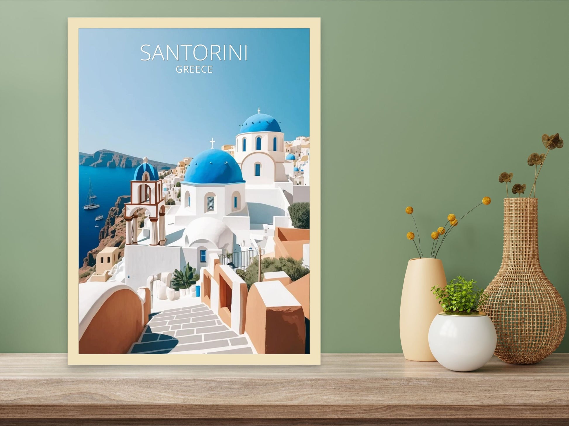 Santorini Travel Print | Santorini Illustration | Santorini Wall Art | Greece Print | Greece Home Decor | Santorini Poster | ID 008