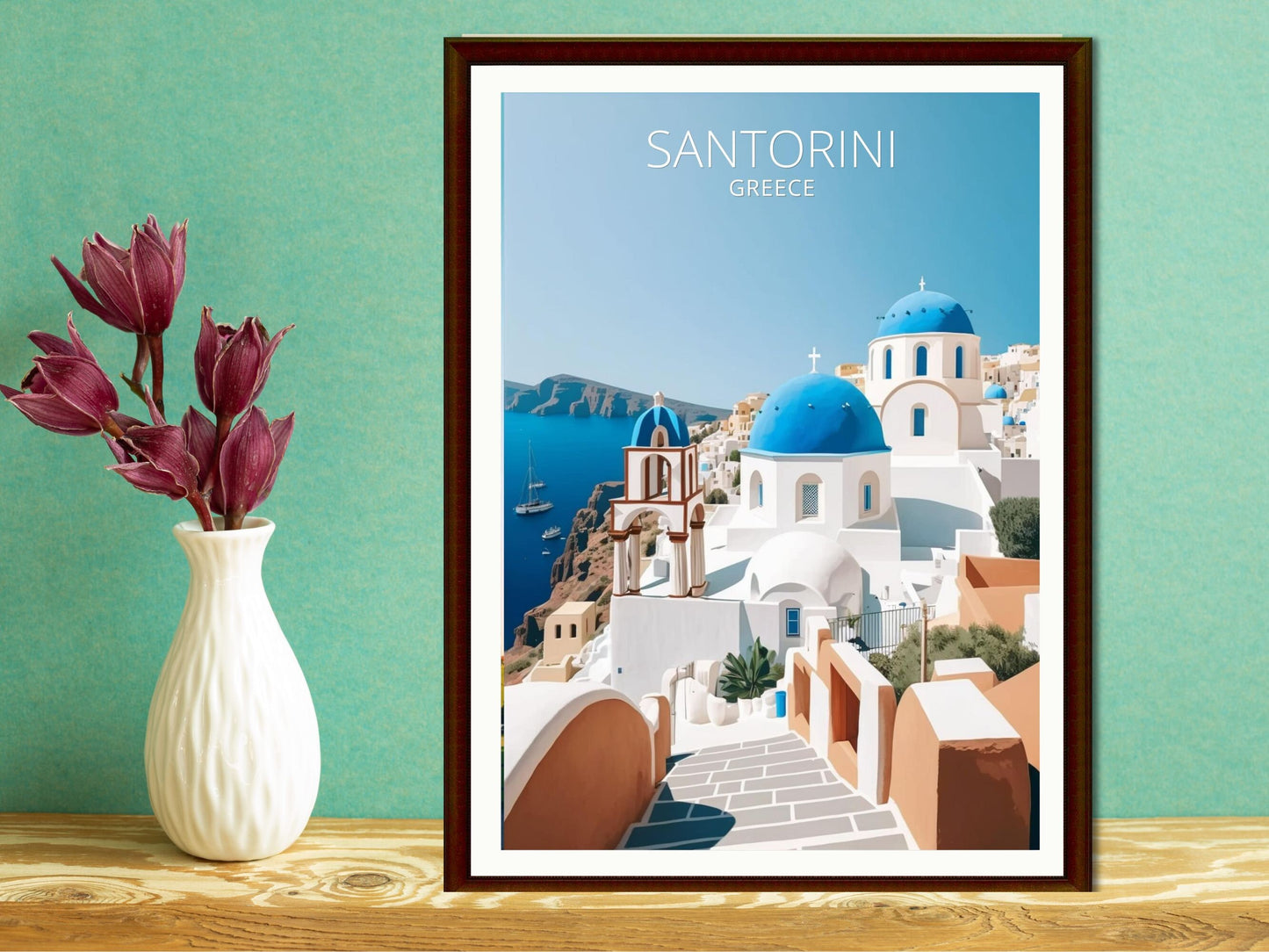 Santorini Travel Print | Santorini Illustration | Santorini Wall Art | Greece Print | Greece Home Decor | Santorini Poster | ID 008