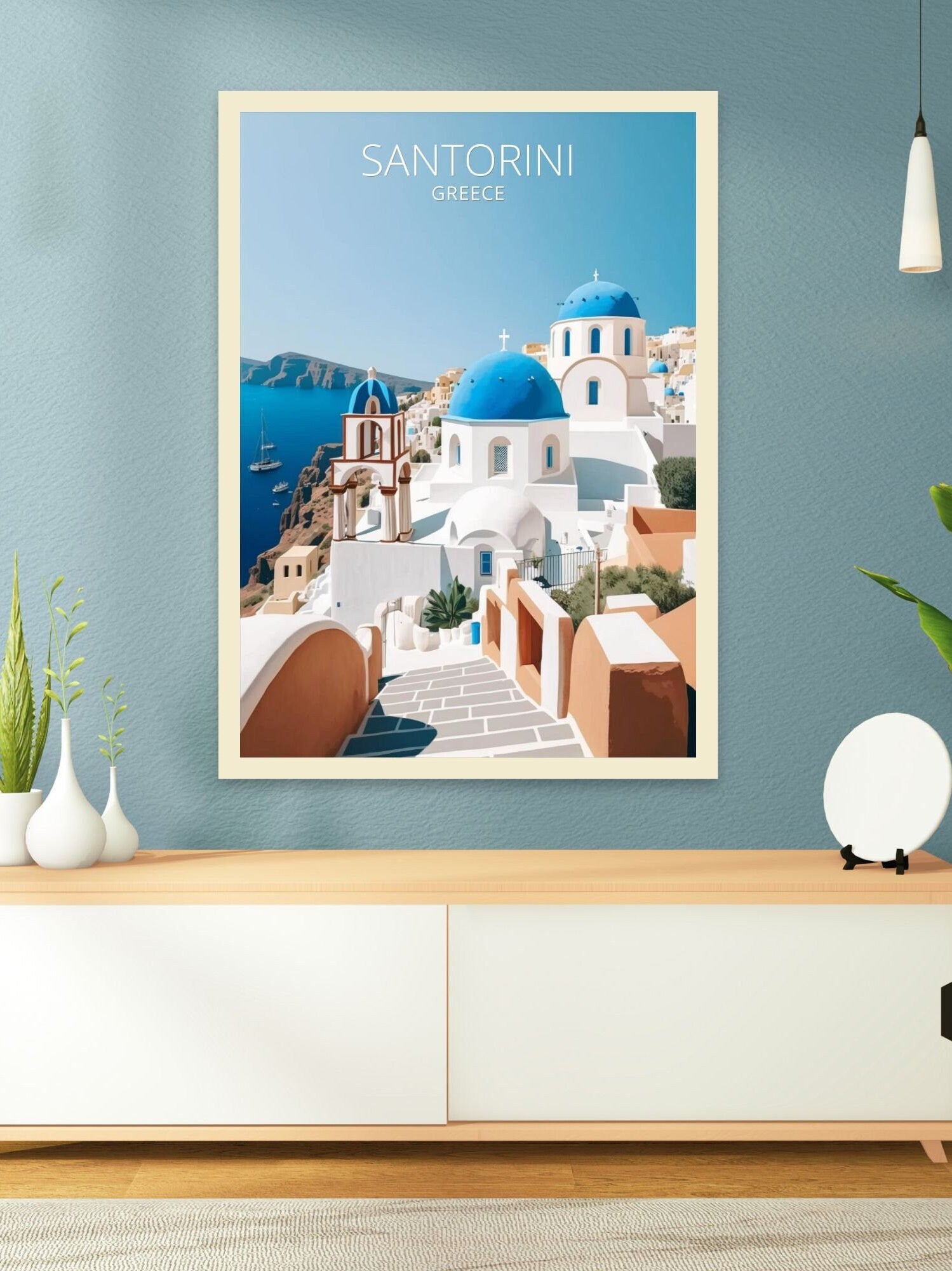 Santorini Travel Print | Santorini Illustration | Santorini Wall Art | Greece Print | Greece Home Decor | Santorini Poster | ID 008