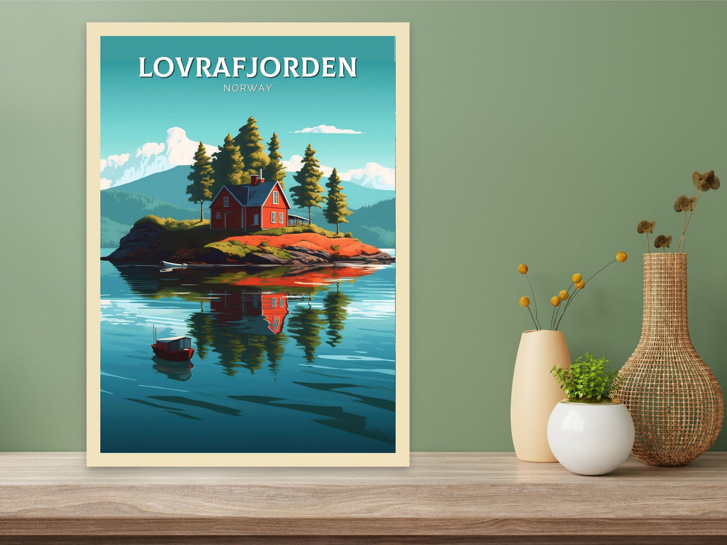 Lovrafjorden Norway Travel Poster | Norway Print | Norway Design | Red House on a lake Wall Art | Norway Illustration | Lake Print | ID 101