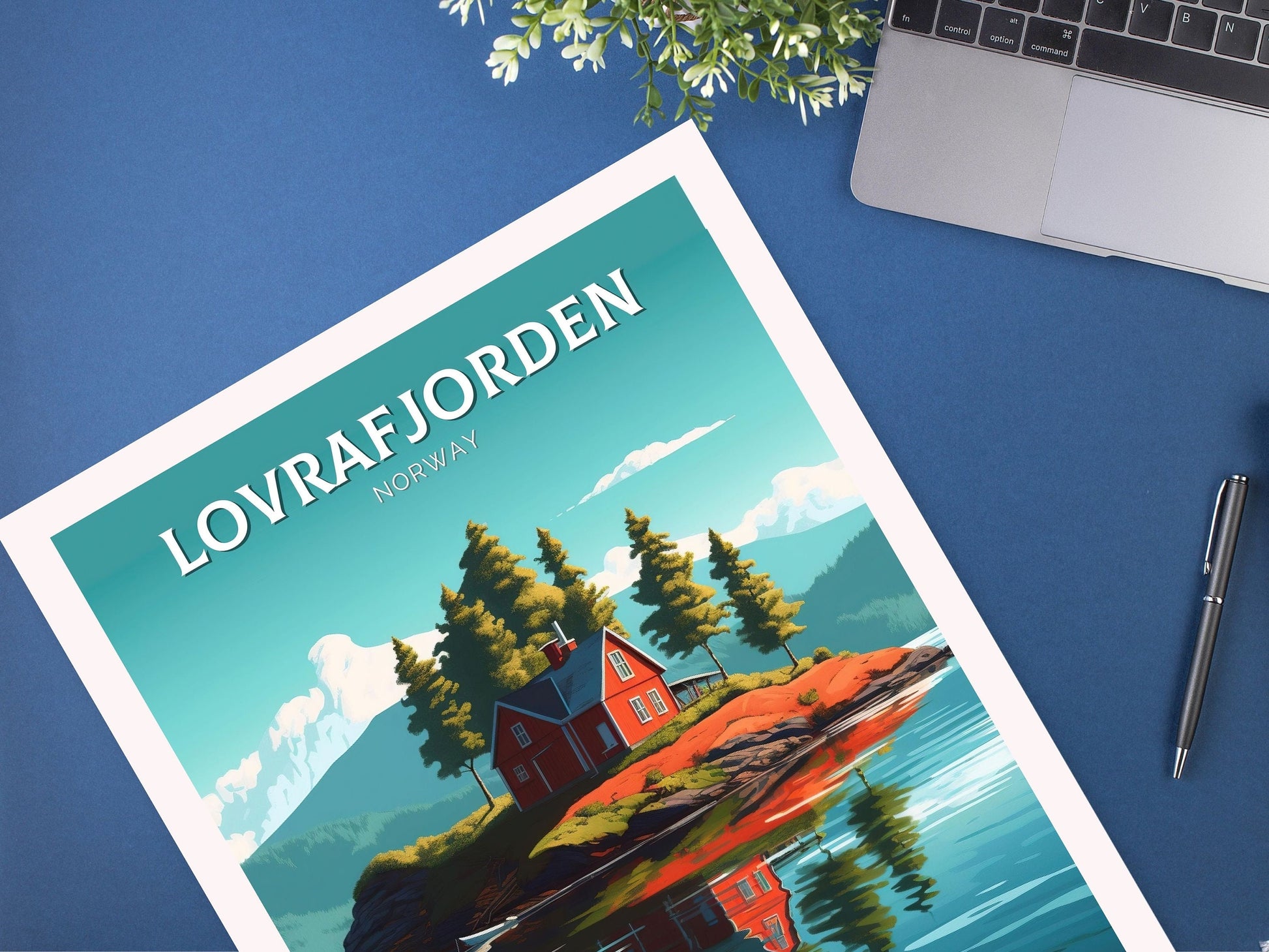 Lovrafjorden Norway Travel Poster | Norway Print | Norway Design | Red House on a lake Wall Art | Norway Illustration | Lake Print | ID 101