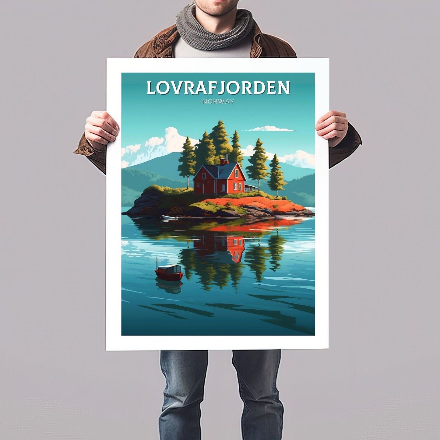 Lovrafjorden Norway Travel Poster | Norway Print | Norway Design | Red House on a lake Wall Art | Norway Illustration | Lake Print | ID 101