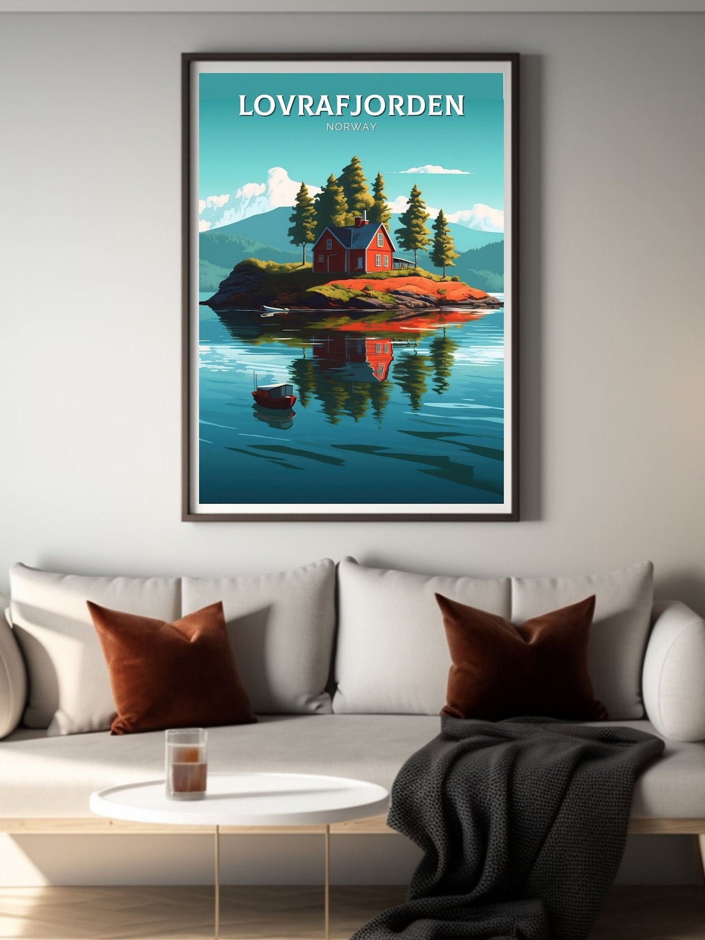 Lovrafjorden Norway Travel Poster | Norway Print | Norway Design | Red House on a lake Wall Art | Norway Illustration | Lake Print | ID 101