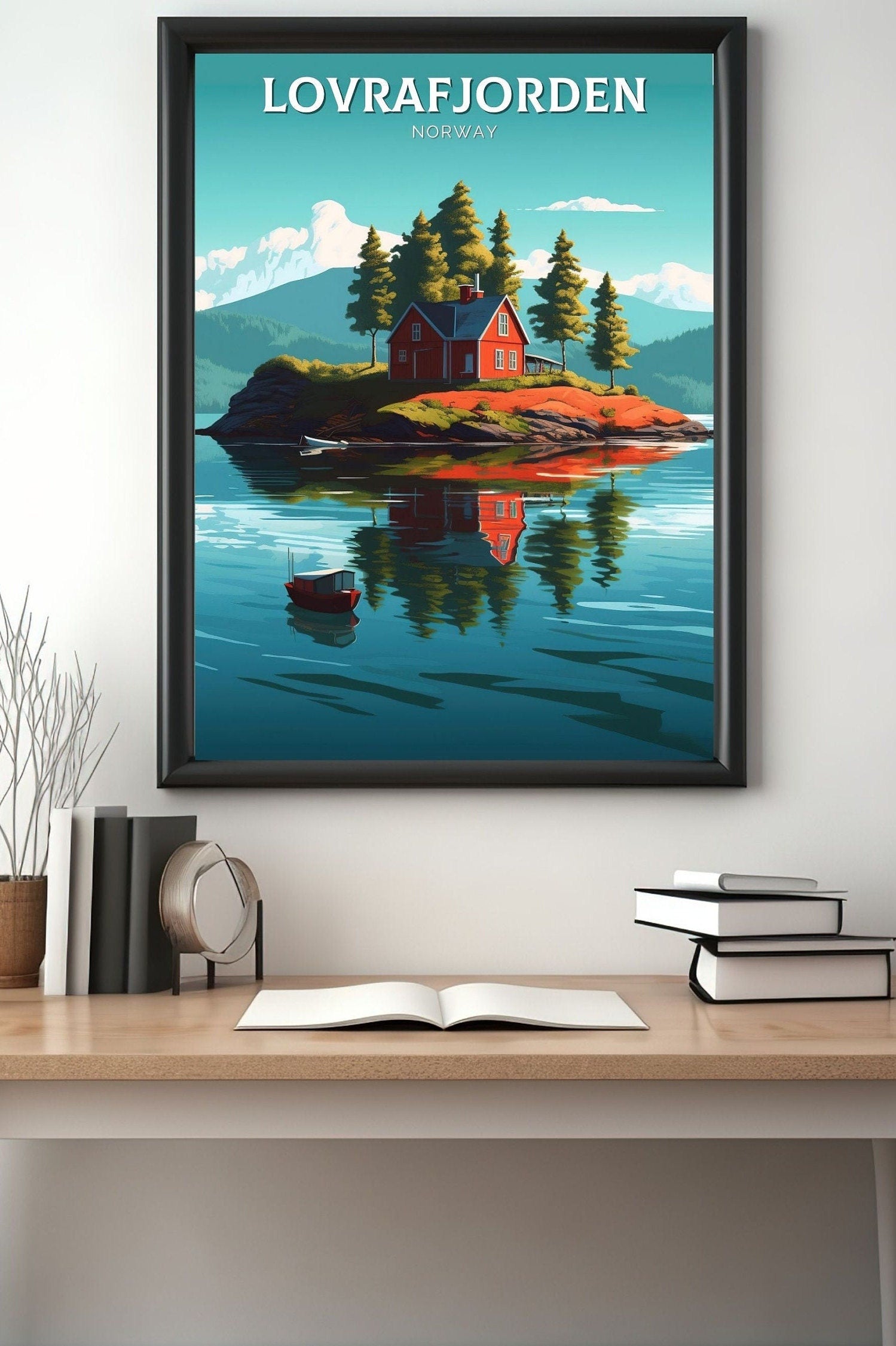 Lovrafjorden Norway Travel Poster | Norway Print | Norway Design | Red House on a lake Wall Art | Norway Illustration | Lake Print | ID 101