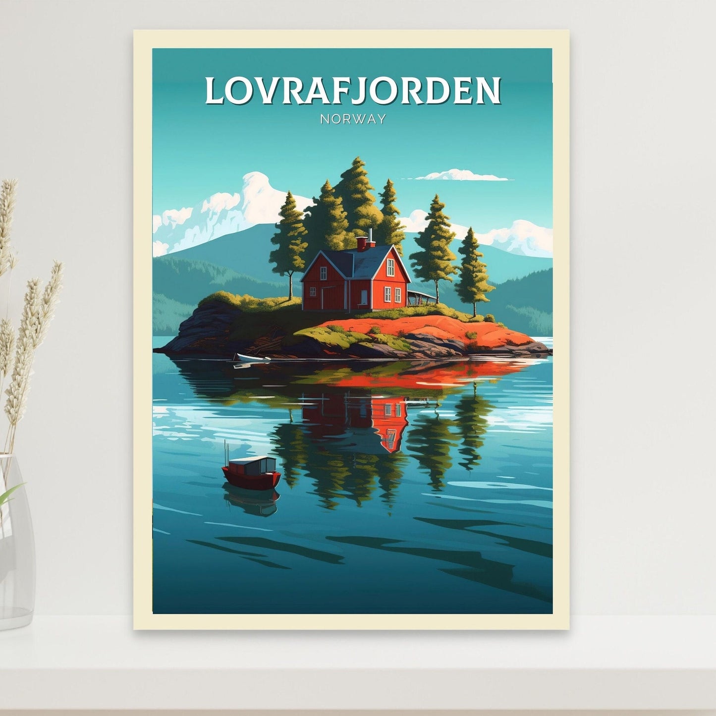 Lovrafjorden Norway Travel Poster | Norway Print | Norway Design | Red House on a lake Wall Art | Norway Illustration | Lake Print | ID 101