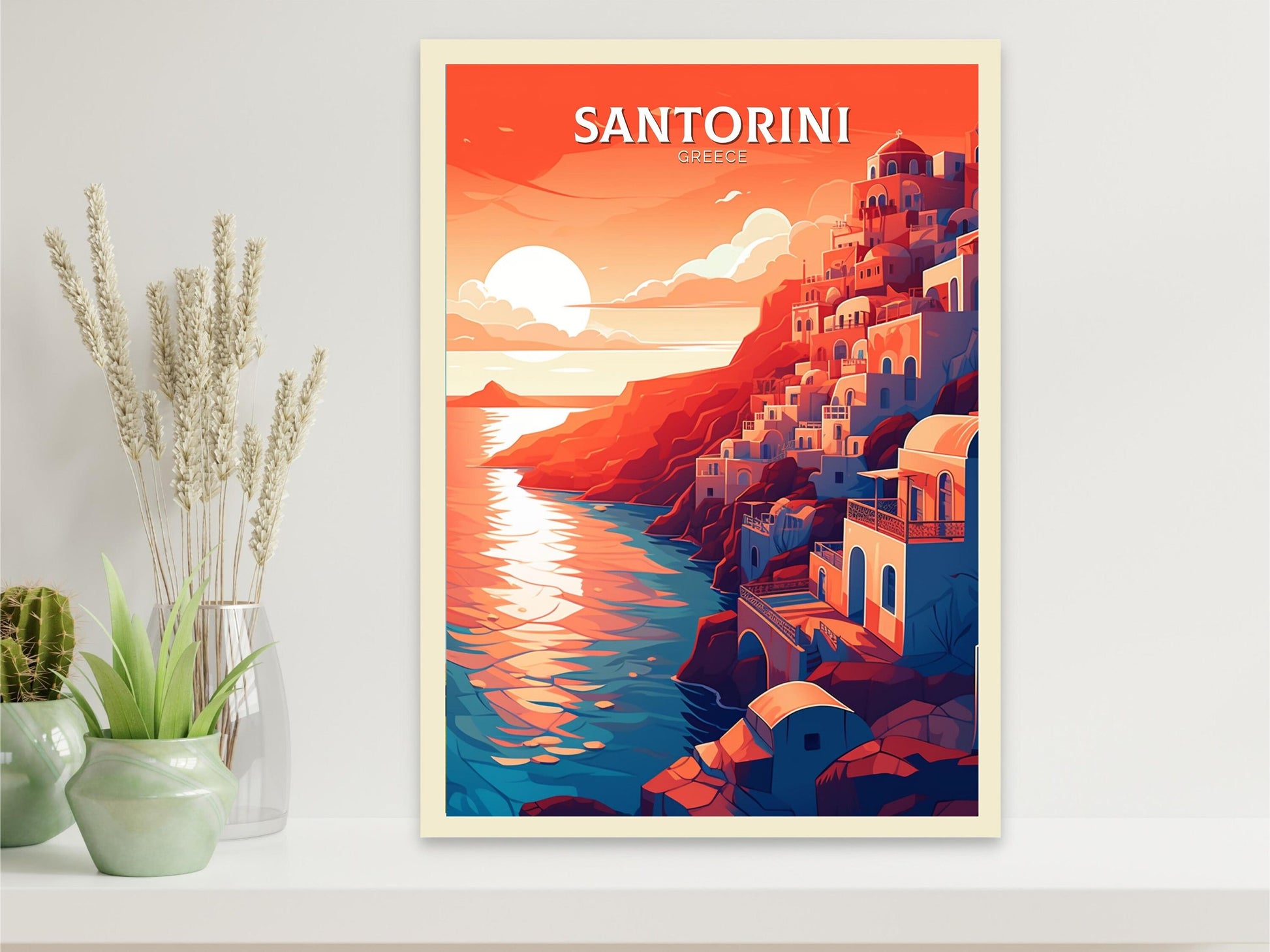 Santorini Travel Print | Santorini Illustration | Santorini Wall Art | Greece Print | Greece Home Decor | Santorini Poster | ID 115