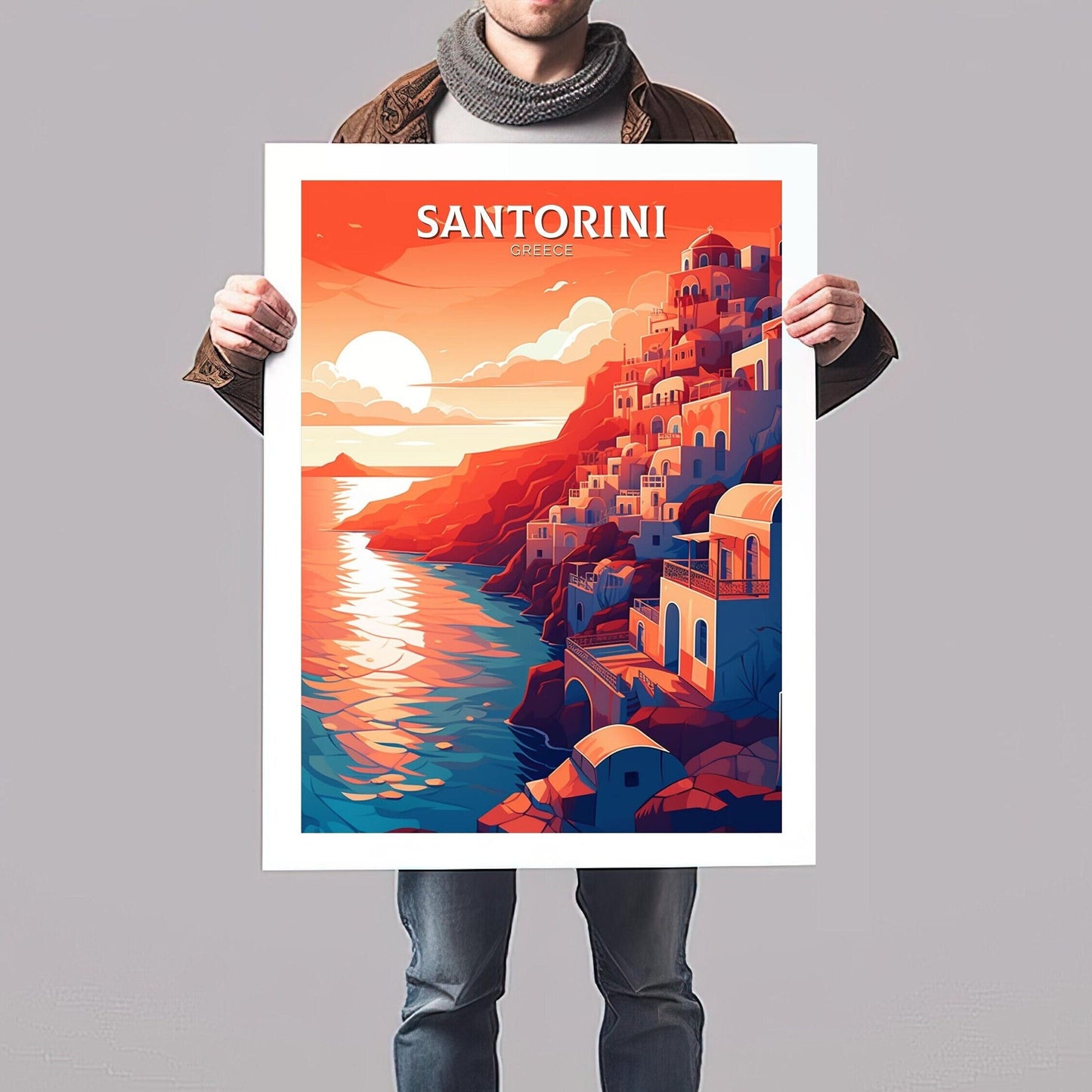 Santorini Travel Print | Santorini Illustration | Santorini Wall Art | Greece Print | Greece Home Decor | Santorini Poster | ID 115