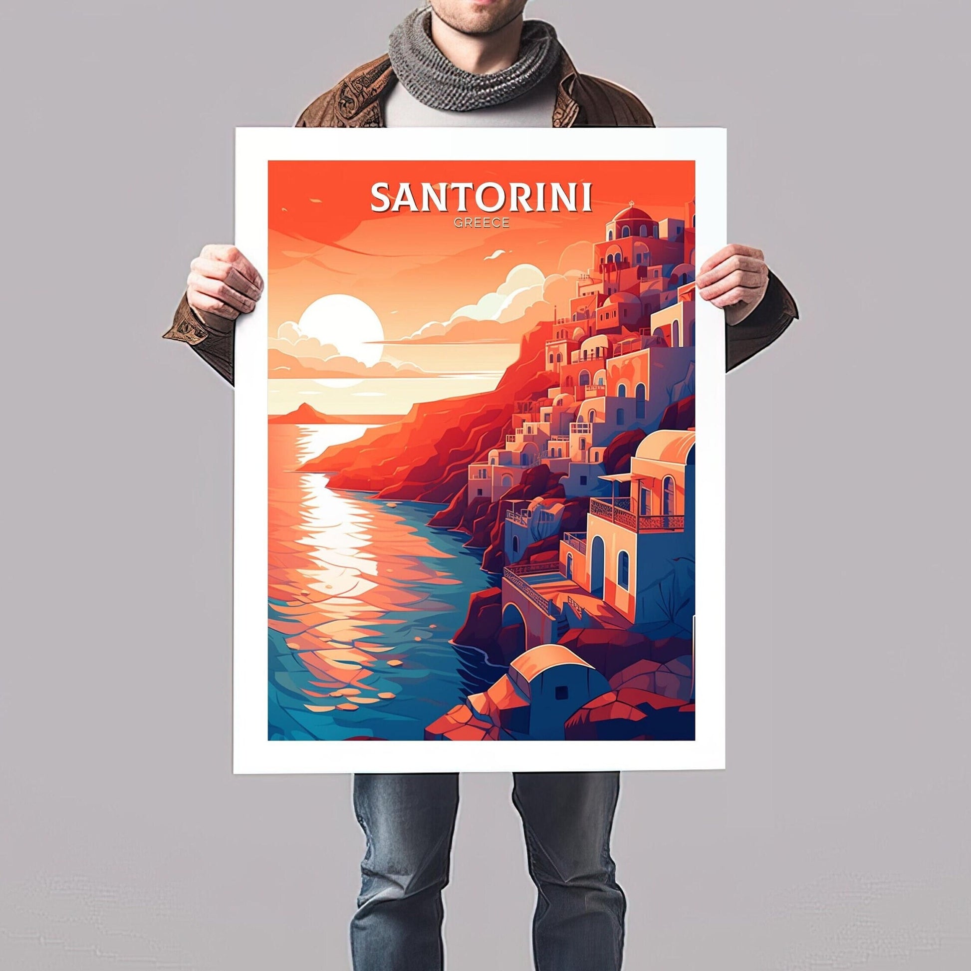 Santorini Travel Print | Santorini Illustration | Santorini Wall Art | Greece Print | Greece Home Decor | Santorini Poster | ID 115