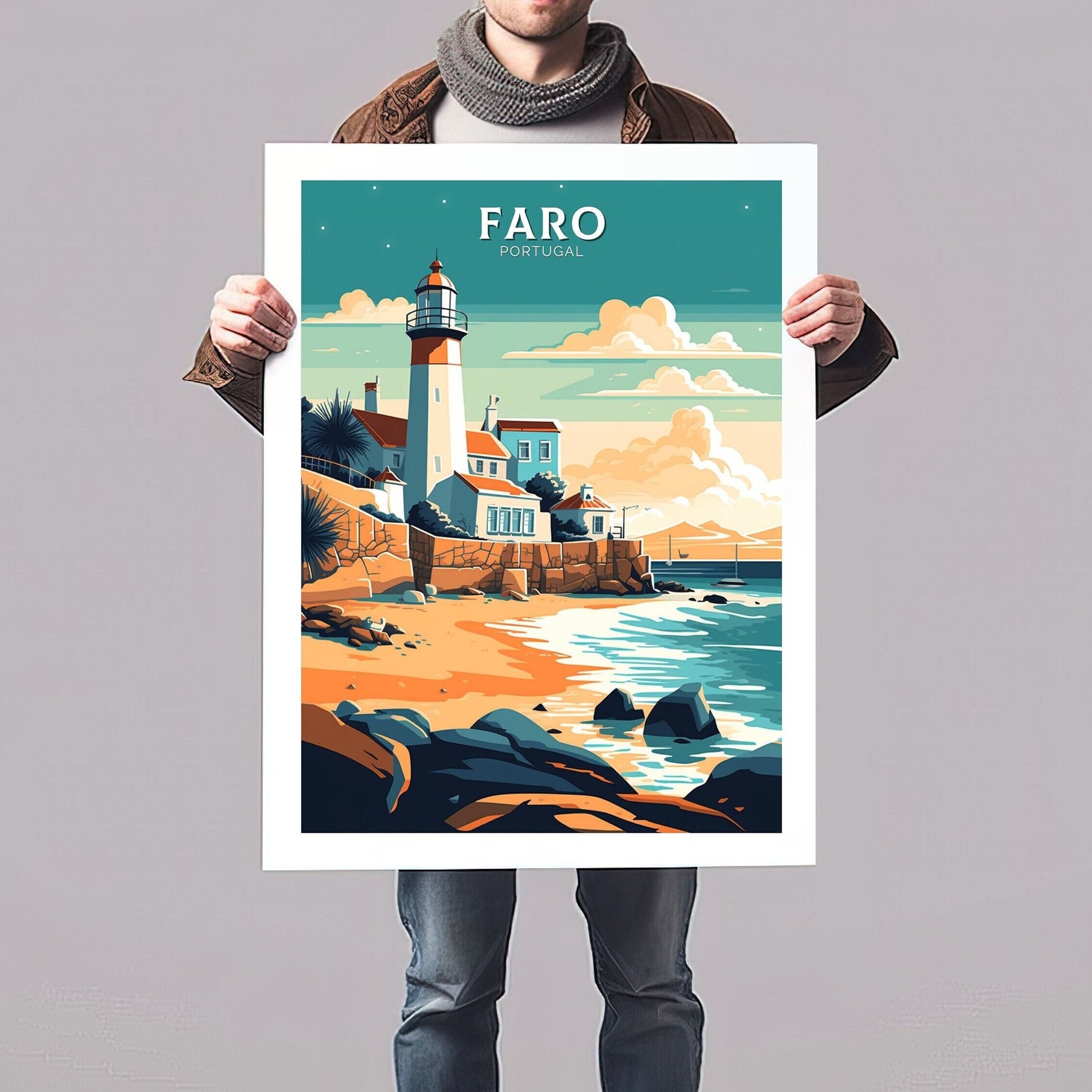 Faro Print | Faro Poster | Faro Wall Art | Portugal Travel Poster | Faro Illustration | Lighthouse Print | Faro Portugal Artwork | ID 087