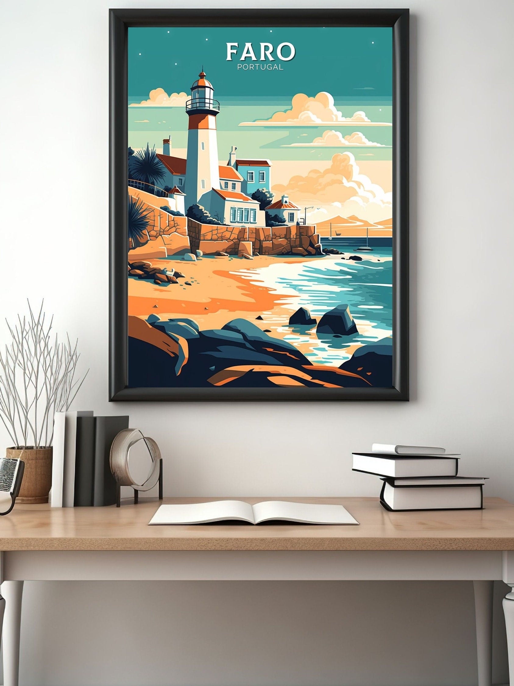 Faro Print | Faro Poster | Faro Wall Art | Portugal Travel Poster | Faro Illustration | Lighthouse Print | Faro Portugal Artwork | ID 087