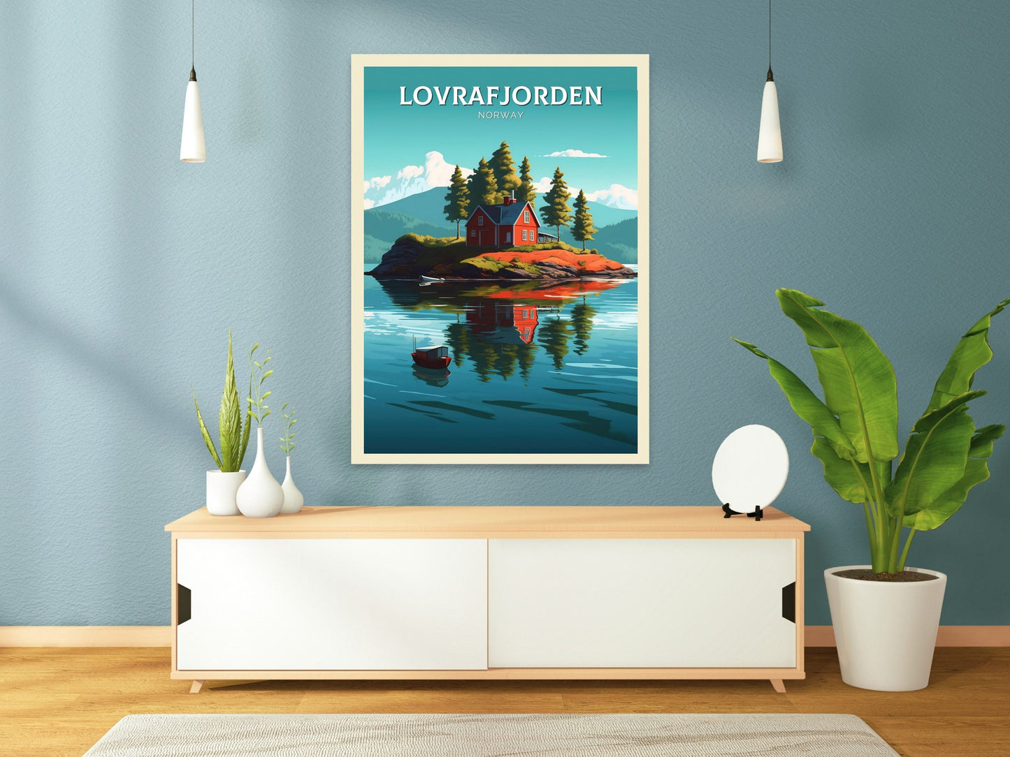 Lovrafjorden Norway Travel Poster | Norway Print | Norway Design | Red House on a lake Wall Art | Norway Illustration | Lake Print | ID 101