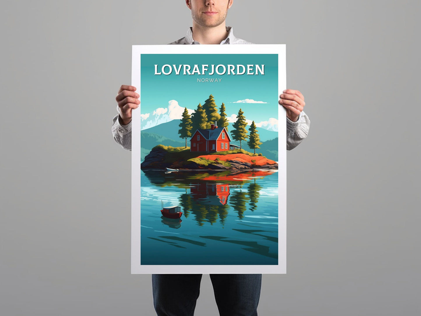 Lovrafjorden Norway Travel Poster | Norway Print | Norway Design | Red House on a lake Wall Art | Norway Illustration | Lake Print | ID 101