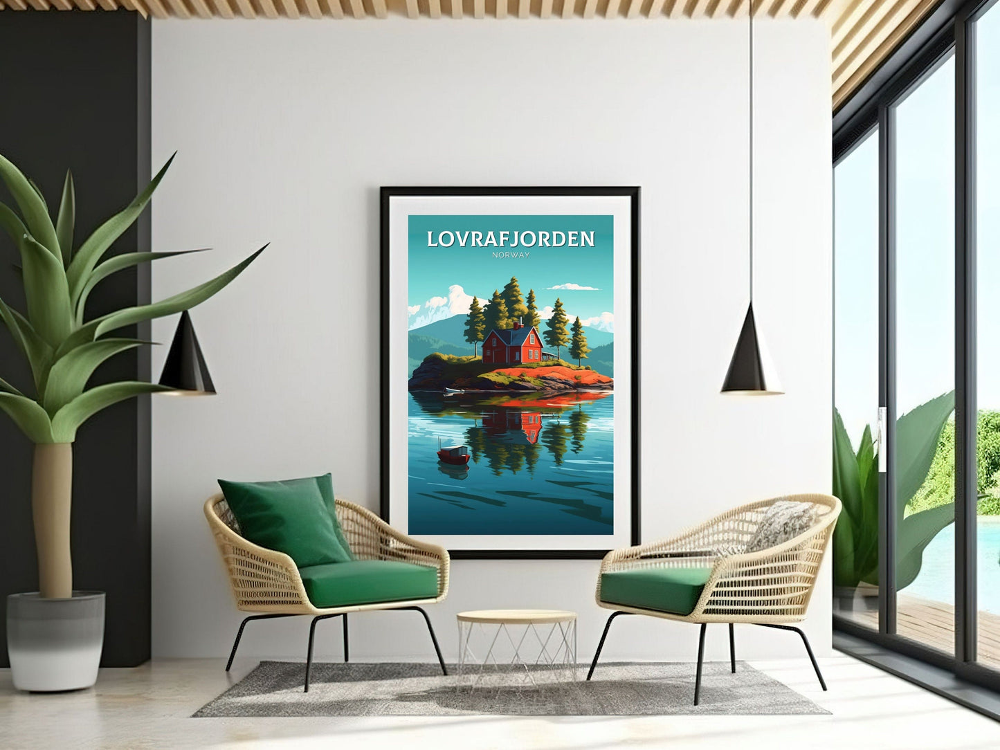 Lovrafjorden Norway Travel Poster | Norway Print | Norway Design | Red House on a lake Wall Art | Norway Illustration | Lake Print | ID 101