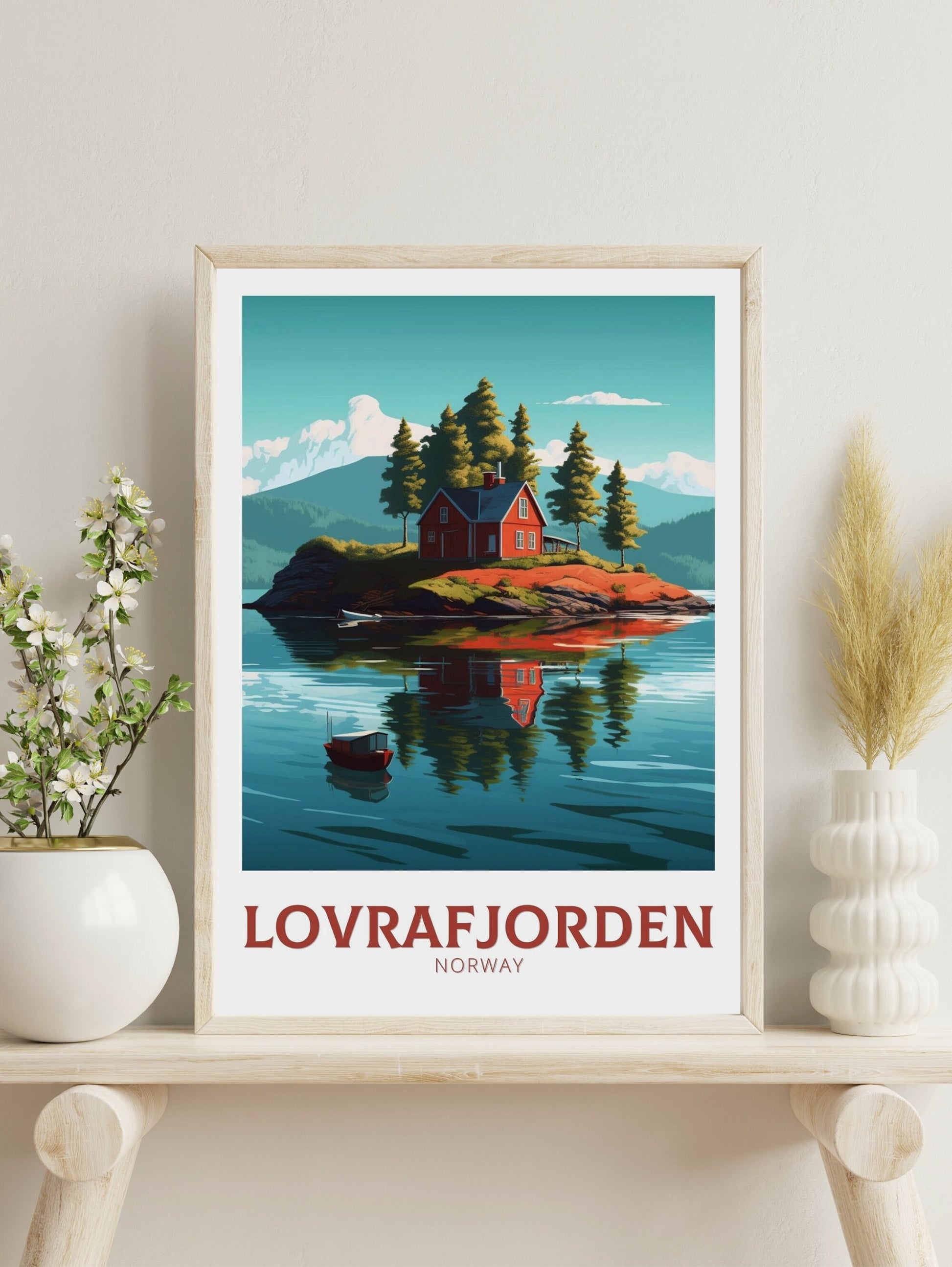 Lovrafjorden Norway Travel Print | Norway Poster | Norway Design | Red House on a lake Wall Art | Norway Illustration | Lake Print | ID 162