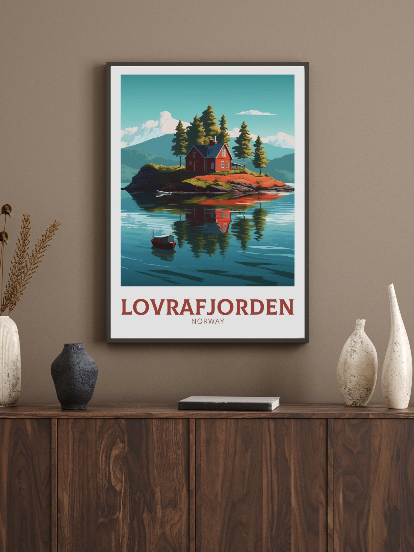 Lovrafjorden Norway Travel Print | Norway Poster | Norway Design | Red House on a lake Wall Art | Norway Illustration | Lake Print | ID 162