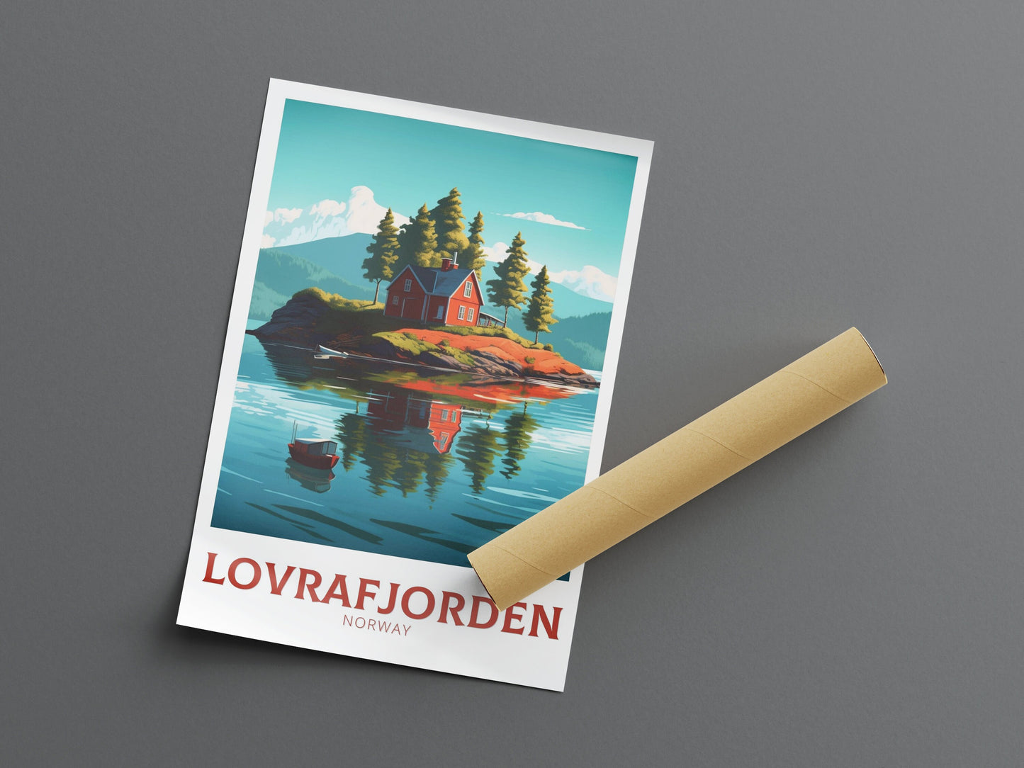 Lovrafjorden Norway Travel Print | Norway Poster | Norway Design | Red House on a lake Wall Art | Norway Illustration | Lake Print | ID 162