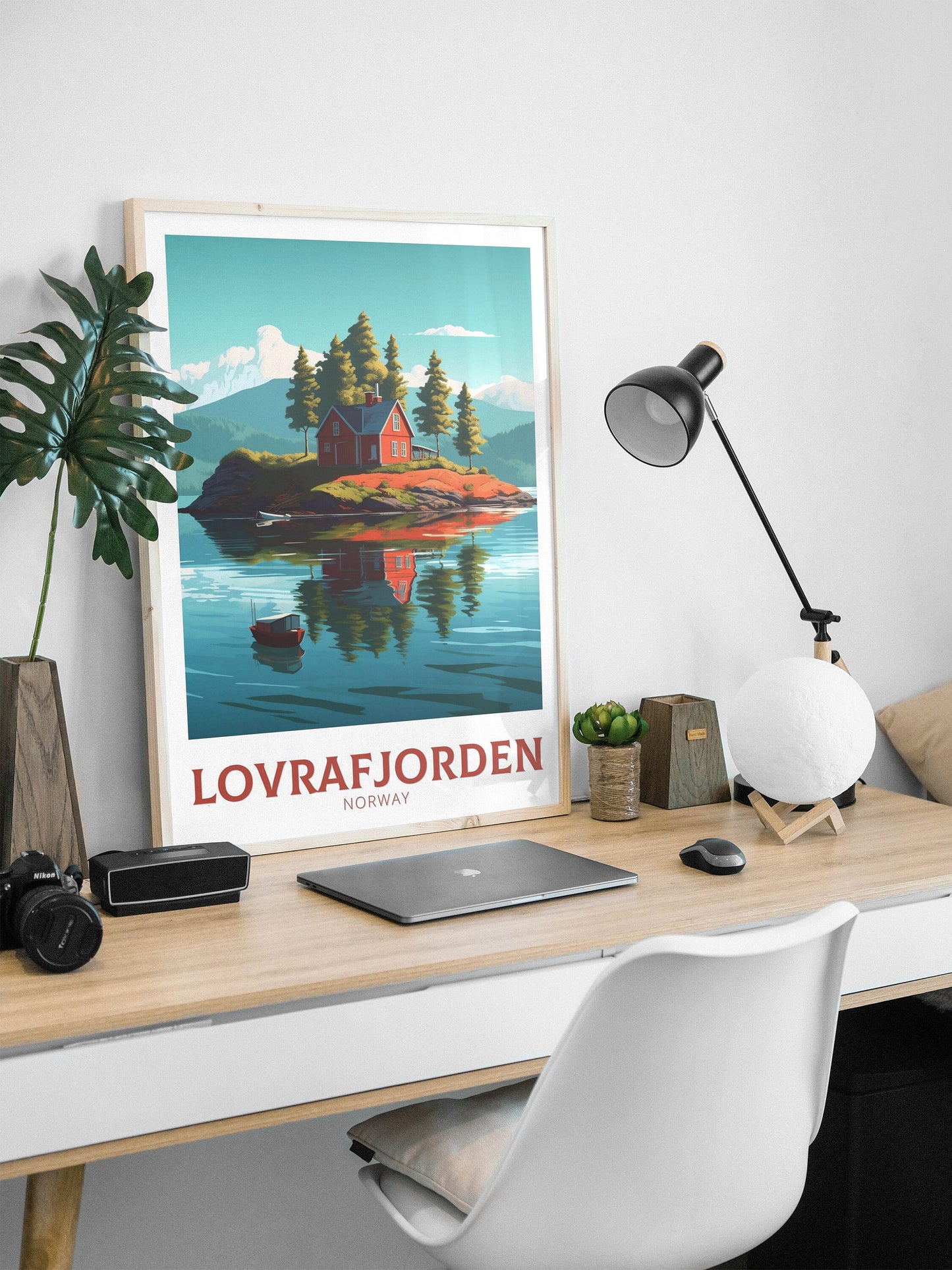 Lovrafjorden Norway Travel Print | Norway Poster | Norway Design | Red House on a lake Wall Art | Norway Illustration | Lake Print | ID 162