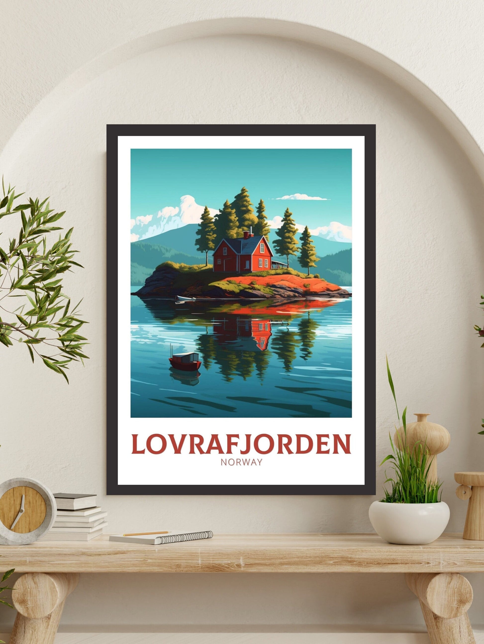 Lovrafjorden Norway Travel Print | Norway Poster | Norway Design | Red House on a lake Wall Art | Norway Illustration | Lake Print | ID 162