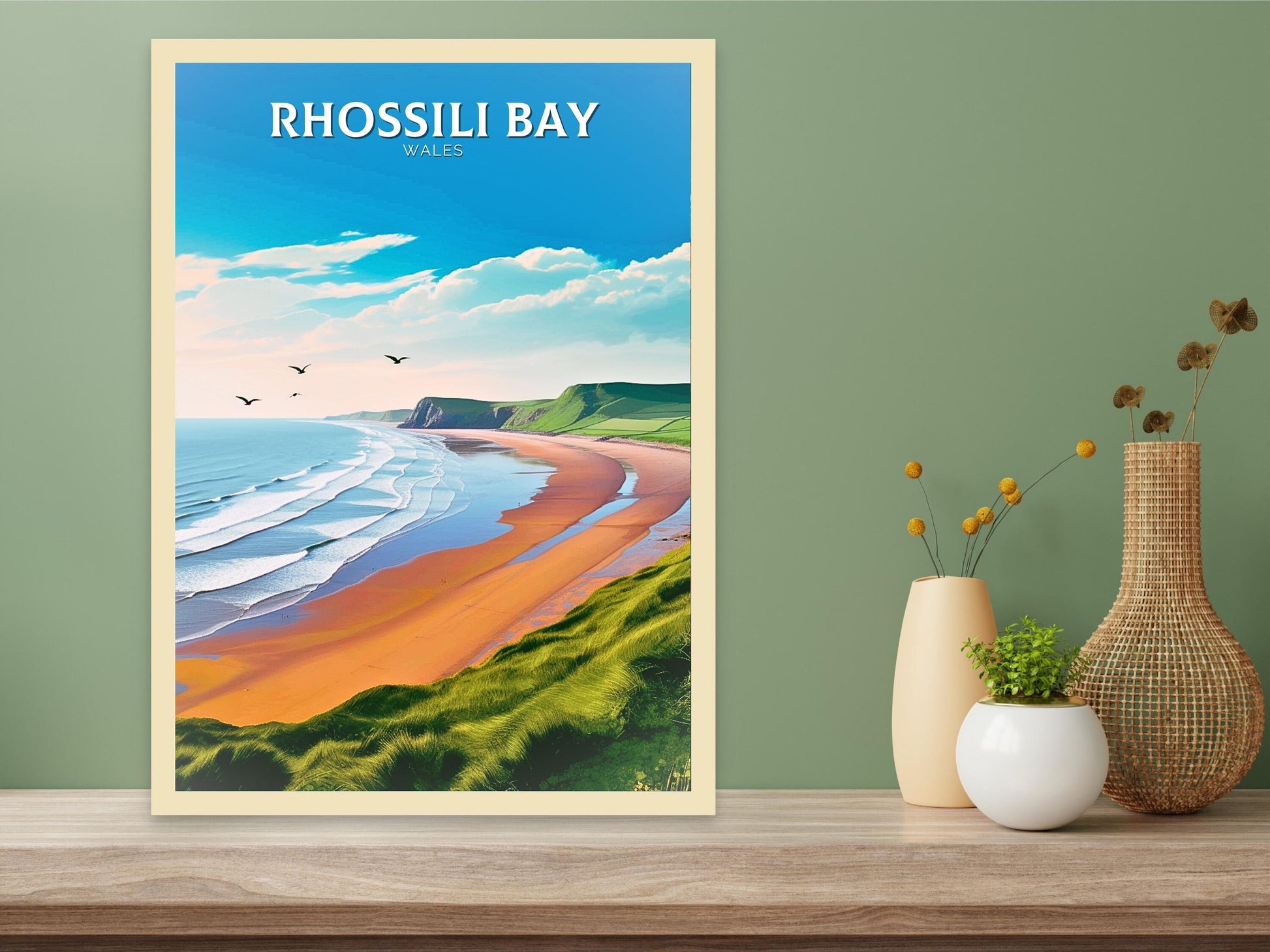 Rhossili Bay Print | Wales Travel Poster | Rhossili Bay Illustration | Rhossili Bay Wall Art | Wales Print | Beach Poster | ID 112