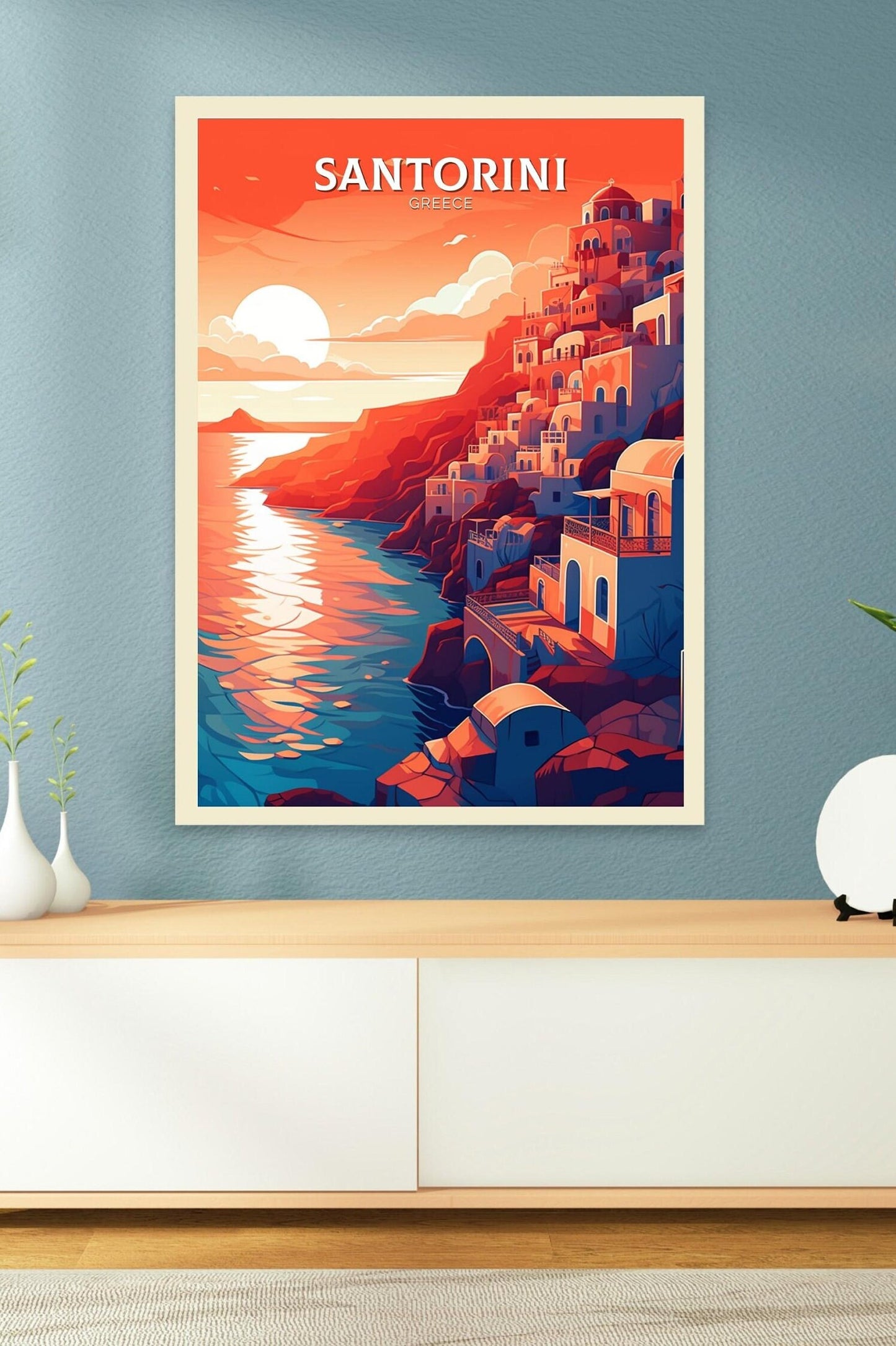 Santorini Travel Print | Santorini Illustration | Santorini Wall Art | Greece Print | Greece Home Decor | Santorini Poster | ID 115